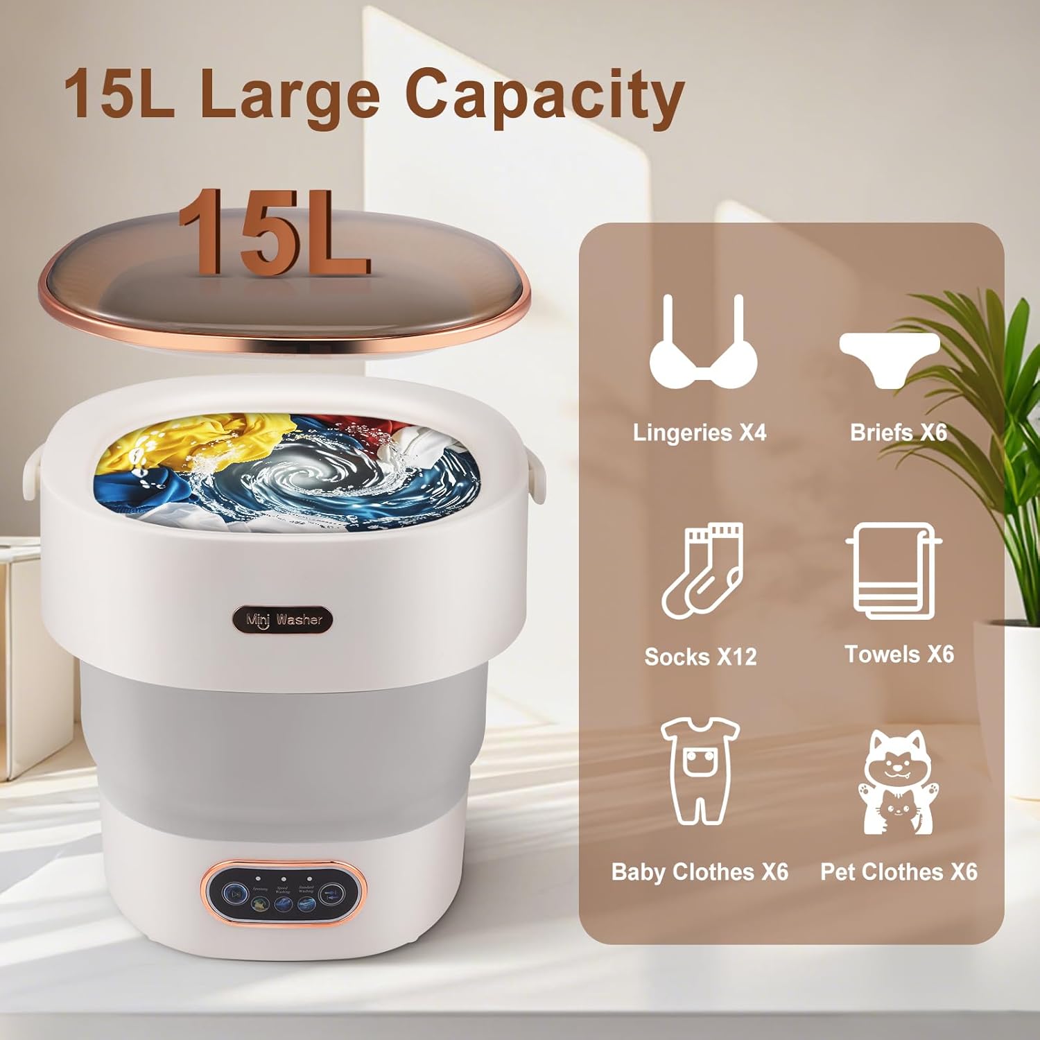Mini-lave-linge portable 15L, pliable, essorage 2-en-1, compact