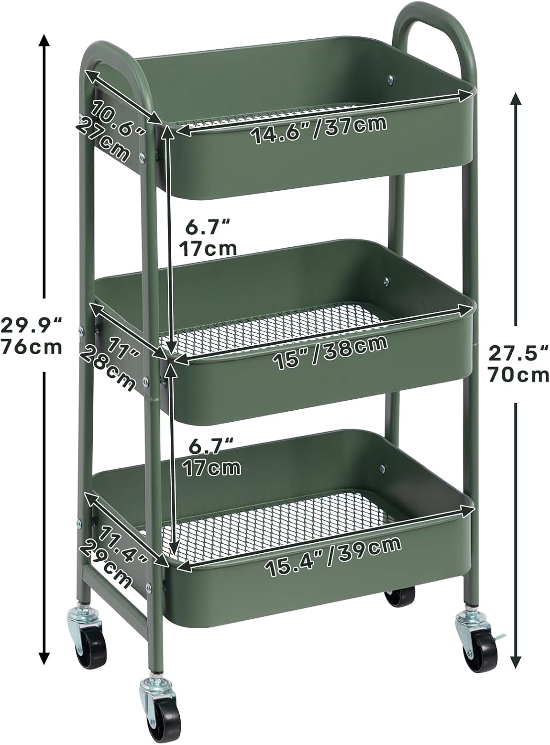DOEWORKS - chariot à roulettes 3 niveaux métal, 43x36x86cm, vert herbe