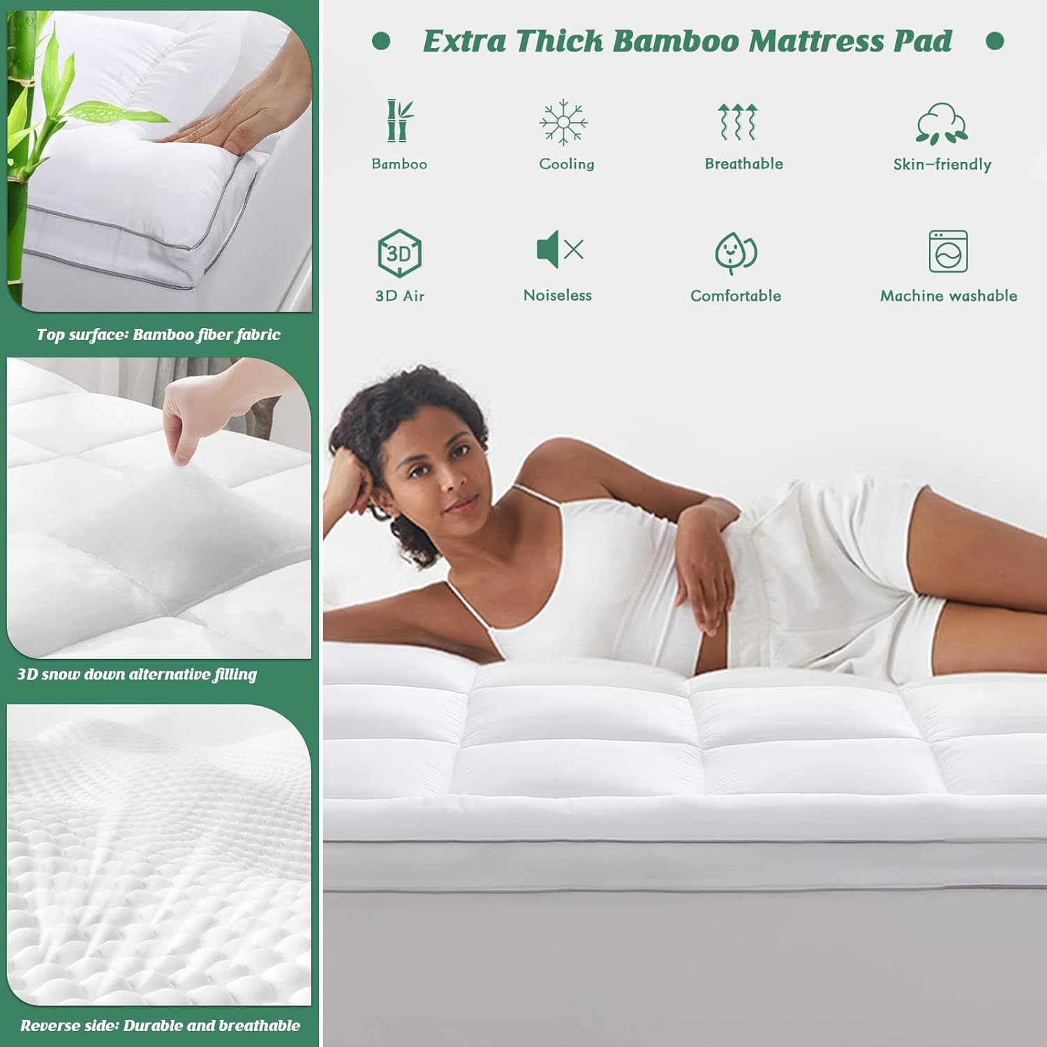 GRT - surmatelas en bambou, Queen, extra-épais, doux et matelassé