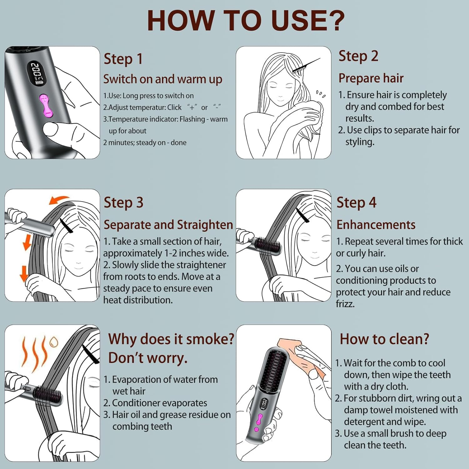 Brosse lissante portable USB, 9600mAh, ion négatif, chauffante, gris