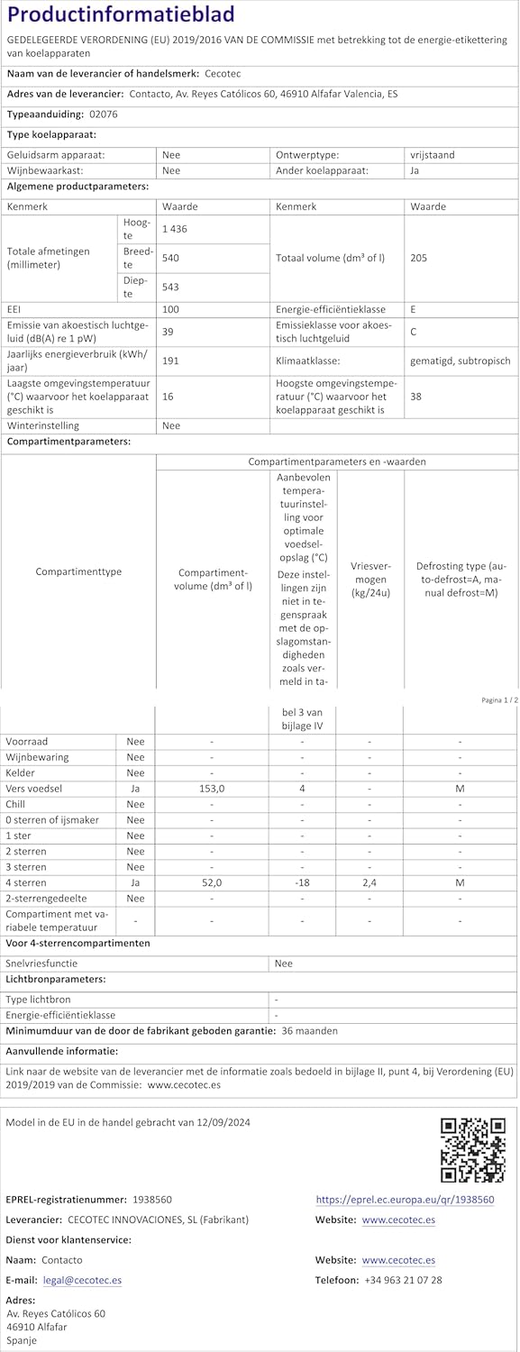 Cecotec - Bolero CoolMarket Combi - 169cm, 117L, Fast Cooling, classe E, 205 DF