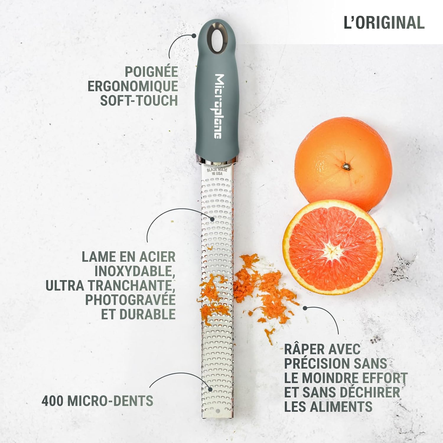 Microplane - Râpe Premium Classic - fine, inox, vert eucalyptus, agrumes, parmesan, lame US