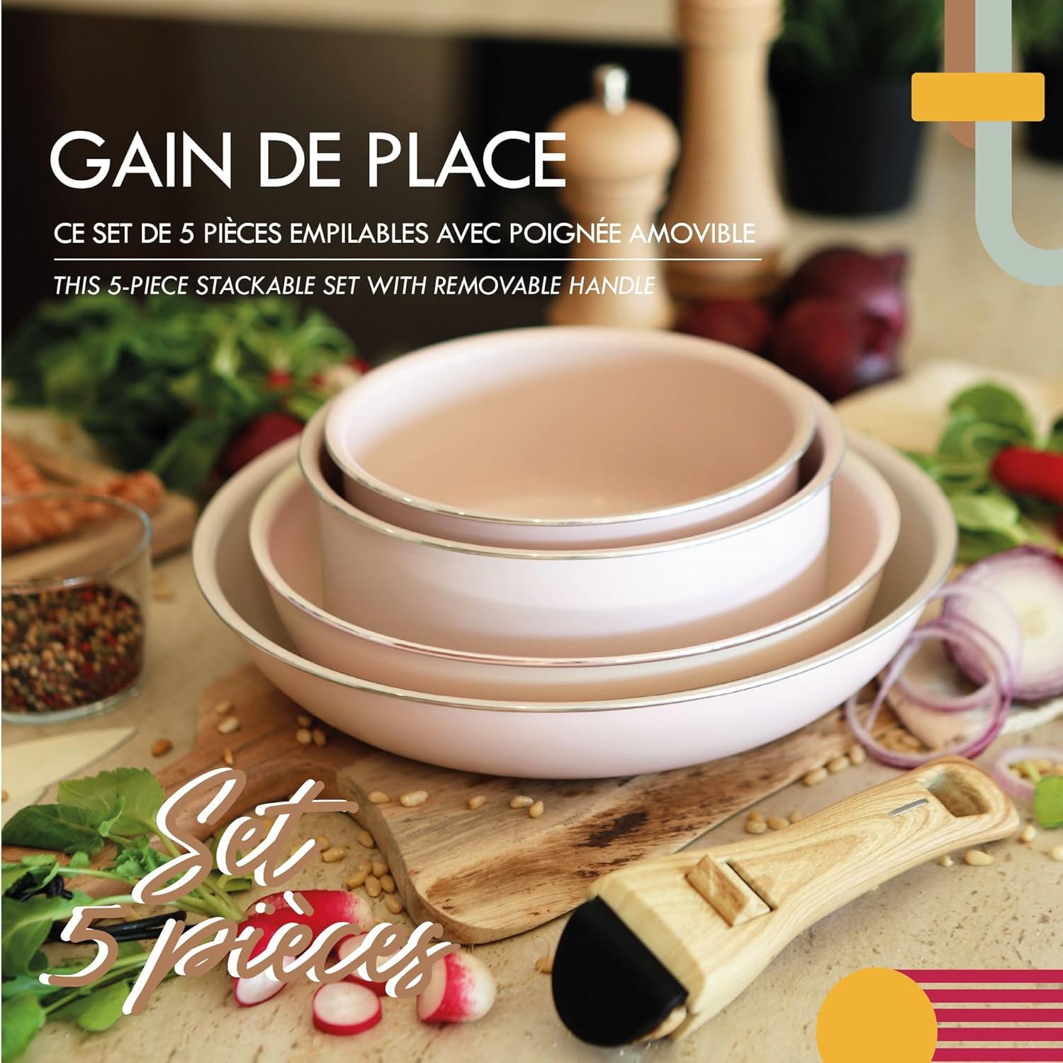 MENASTYL - Colorama batterie cuisine rose - 2 poêles 2 casseroles, céramique induction