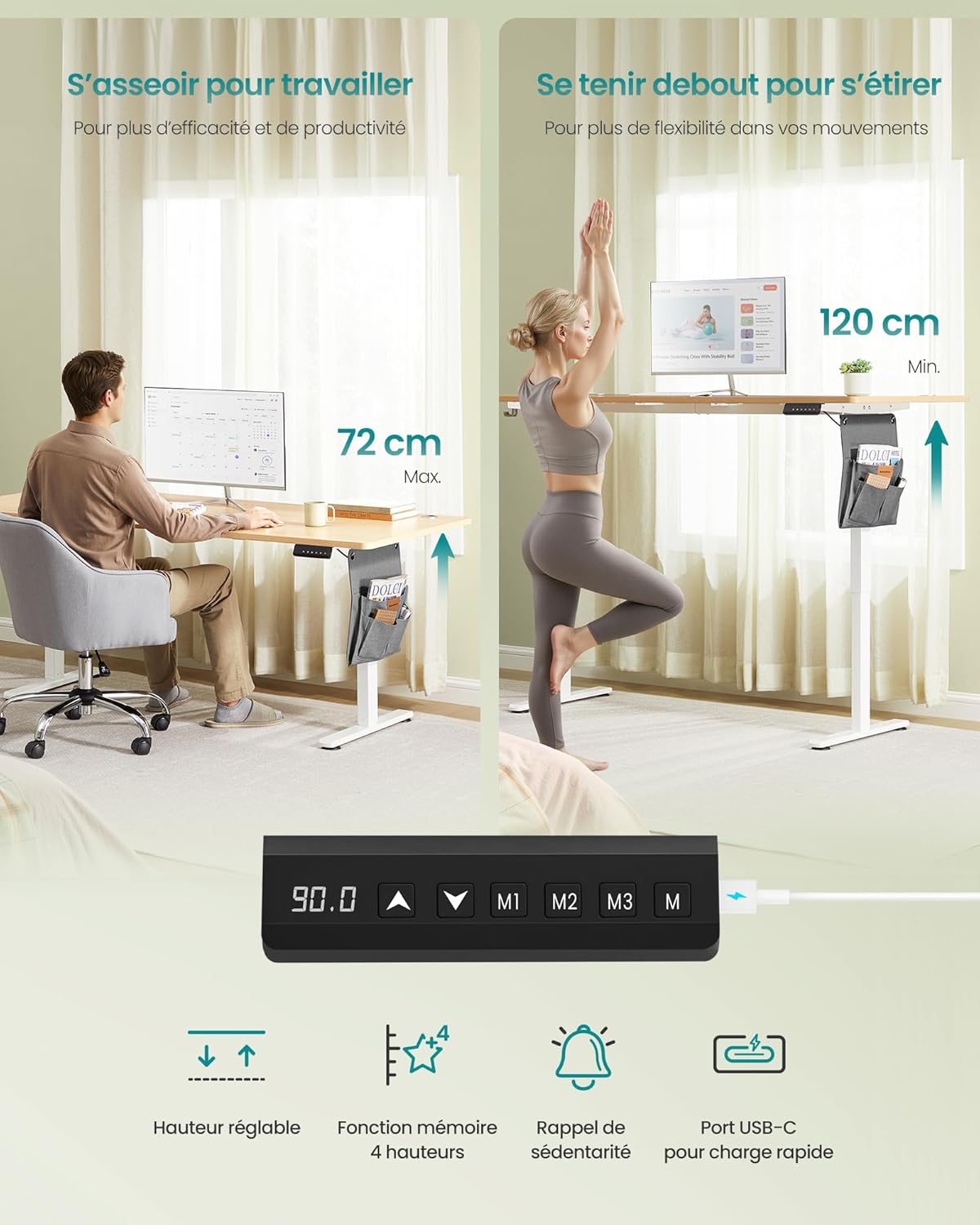 SONGMICS - bureau électrique assis-debout - 180x80 cm - 4 hauteurs mémoire LSD138YA01