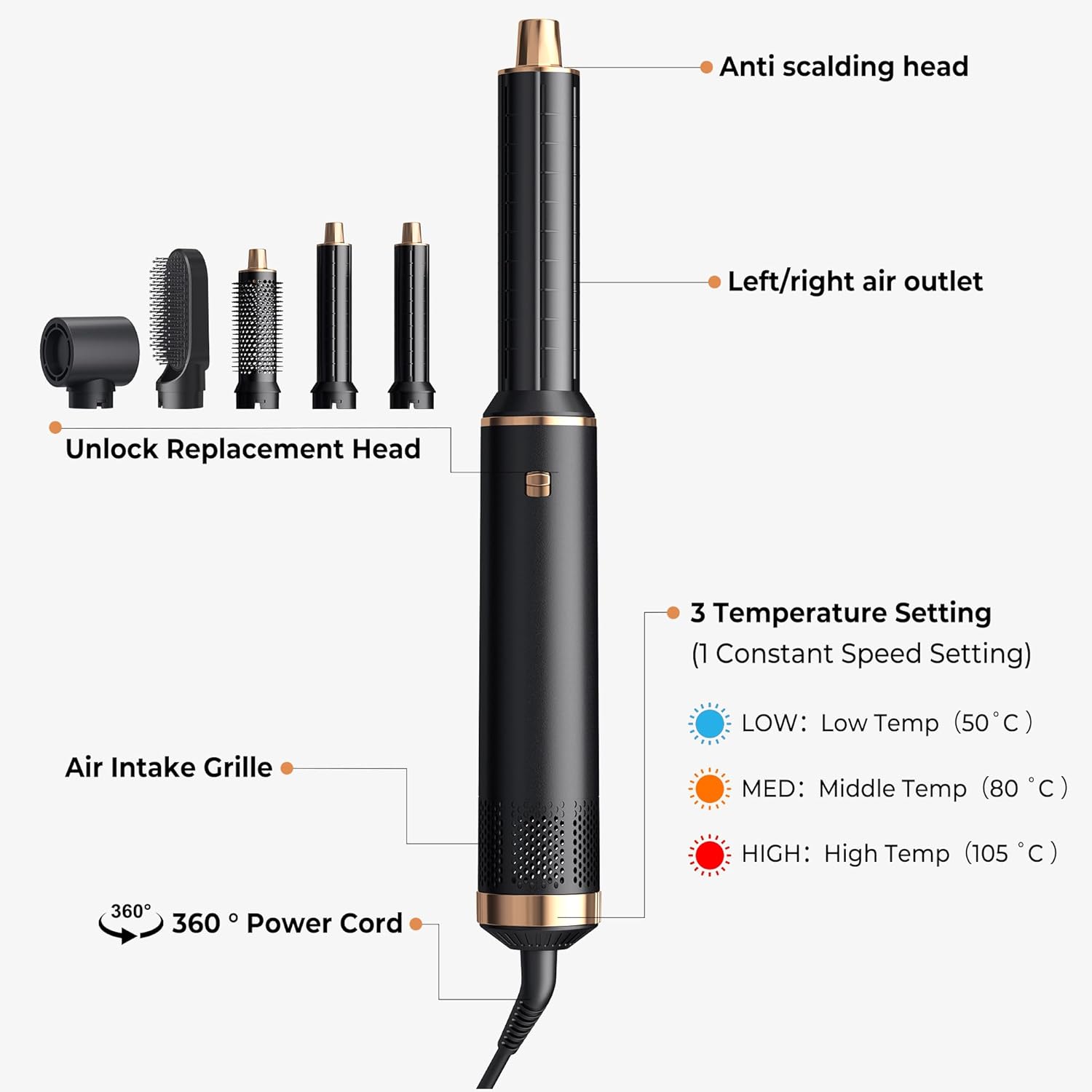 Brosse soufflante 6 en 1 - 1000W - boucleur 30mm - vitesse réglable