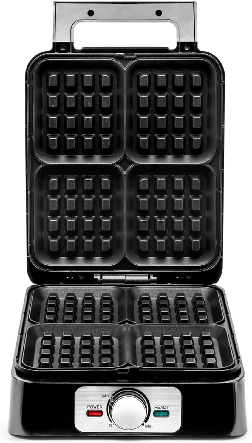 Gaufrier électrique - 4 gaufres belges, 1500W, plaques antiadhésives, température réglable, poignée Cool Touch