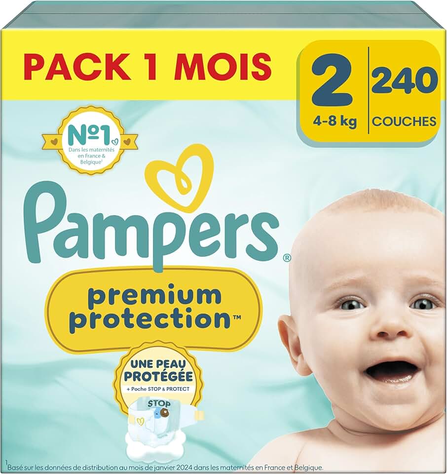 Pampers - Premium Protection taille 2 - 4-8kg - 240 couches, double protection fuites et peau