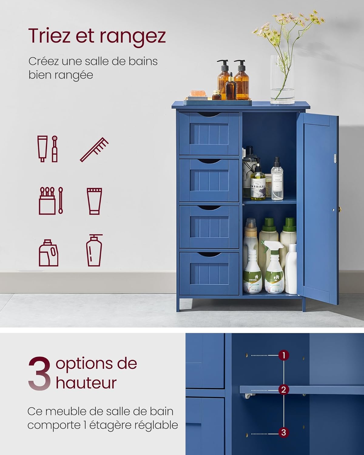 VASAGLE - meuble salle de bain étroite, 30x55x82 cm, 4 tiroirs, étagère réglable, LHC041QE02