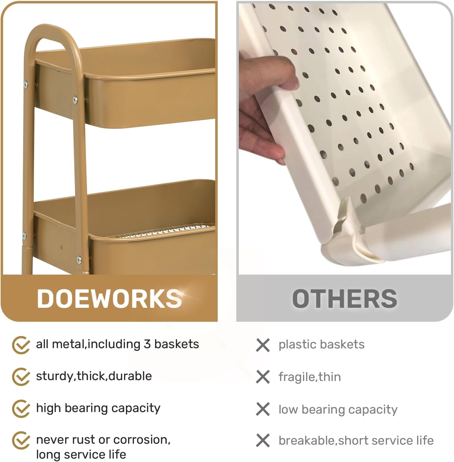 DOEWORKS - Chariot de rangement 3 niveaux, métal doré, roulant, compact