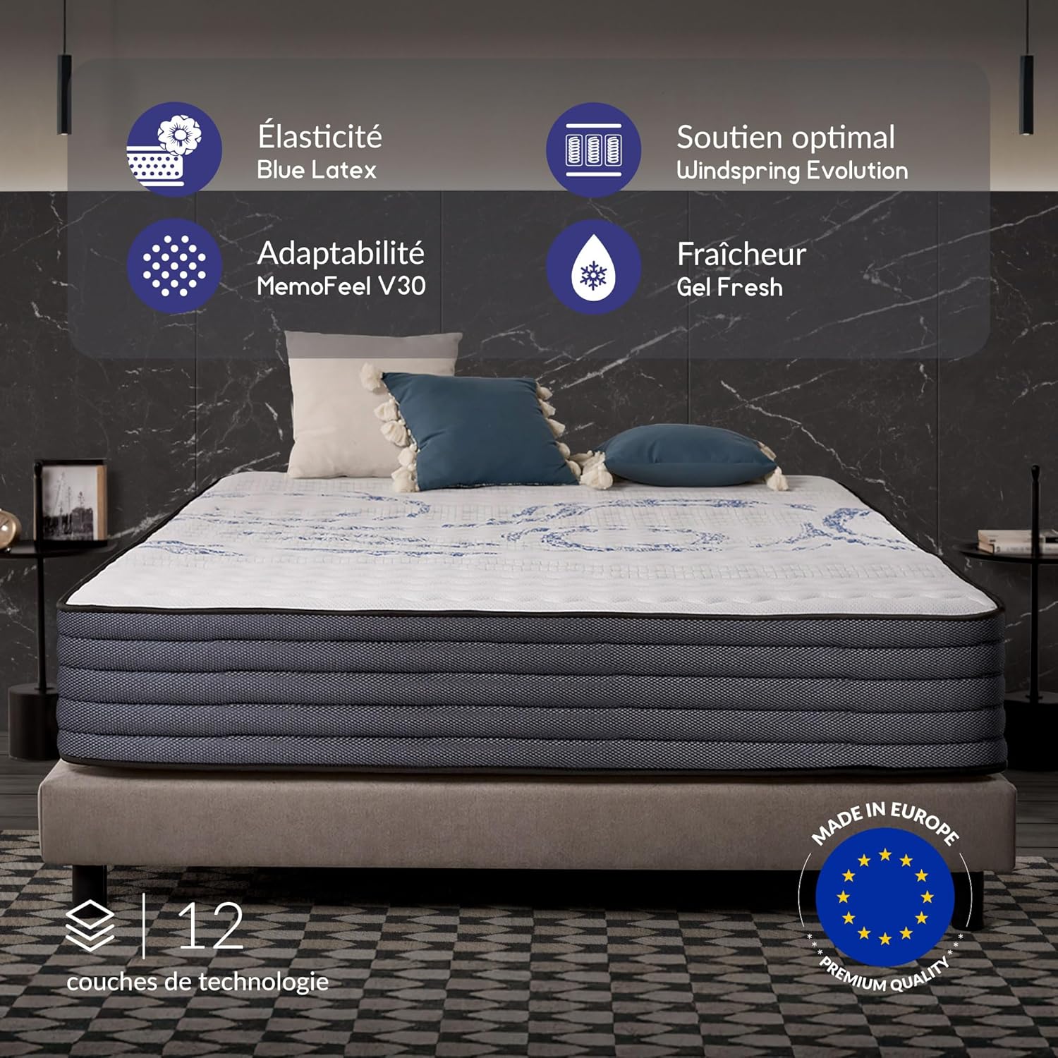 NATURALEX - Matelas PerfectSleep 140x200 cm - 30 cm - Hybride - Ressorts Ensachés - Soutien Mousse à mémoire + Blue Latex - Confort Mi-Ferme - Réversible - Couchage Indépendant - Fabriqué en Europe