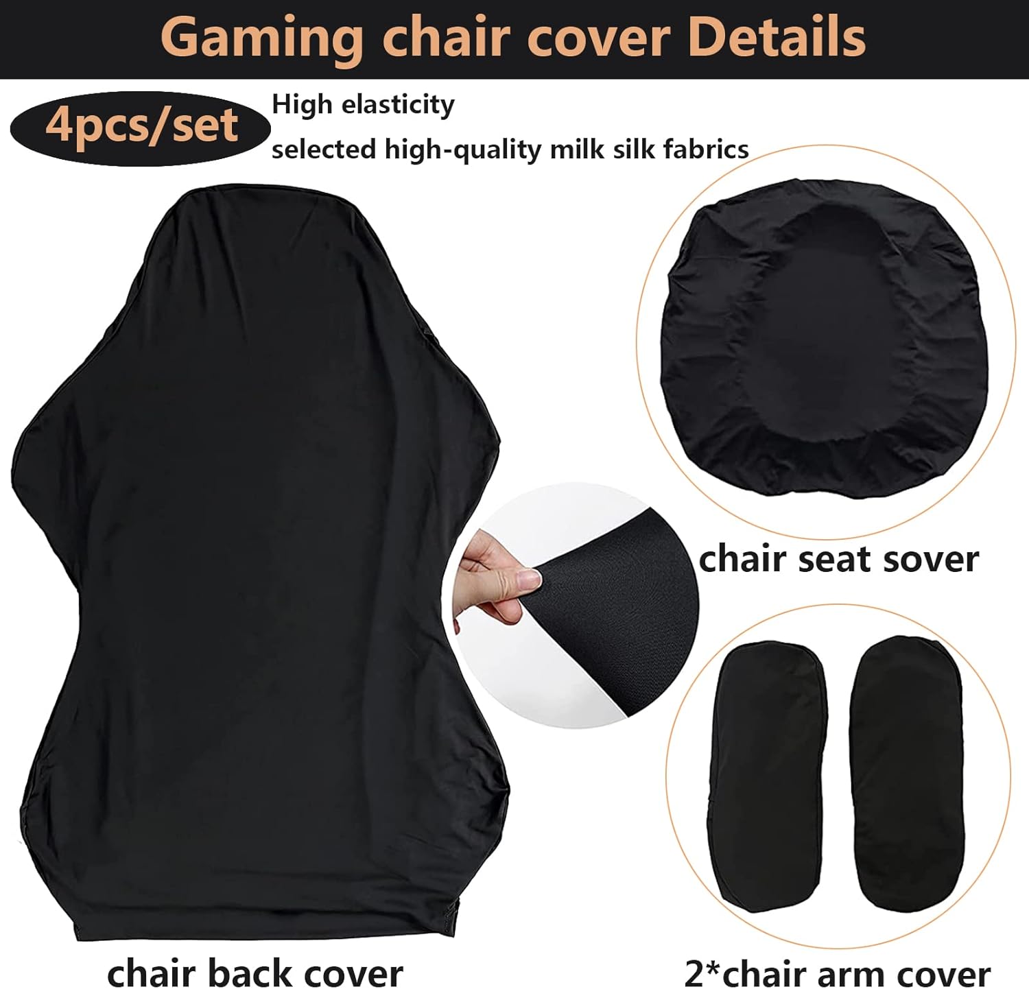 Housse chaise gaming - lot de 4 pièces, housses accoudoirs, dossier, siège, noir