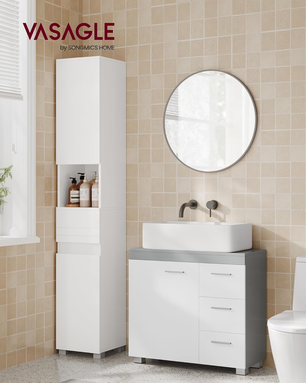 VASAGLE - meuble sous lavabo BBK504W02 - 30x70x64 cm - 3 tiroirs, 2 cases, blanc et gris