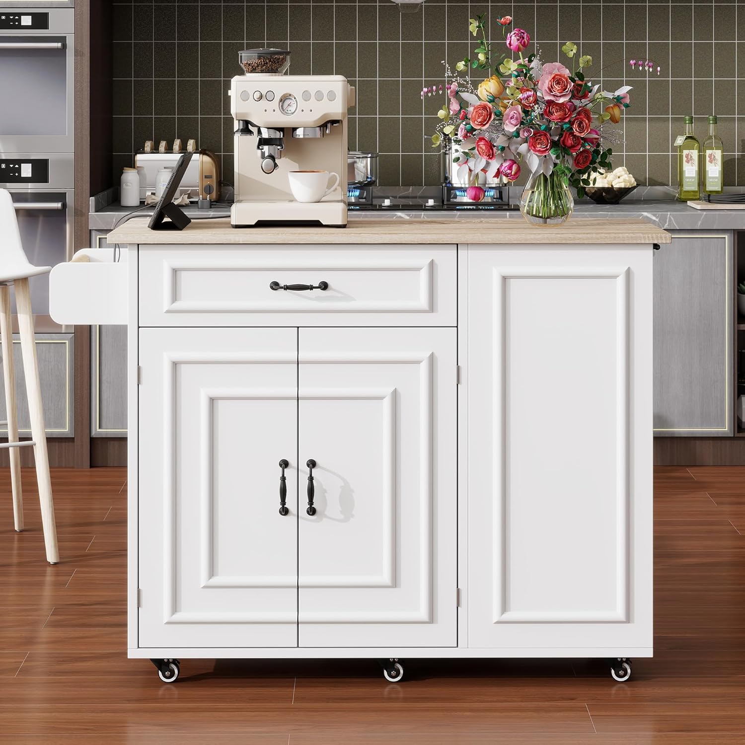 Desserte îlot cuisine - plan de travail rabattable, USB, rangement - blanc - roulettes, tiroir, porte-torchon, poubelle