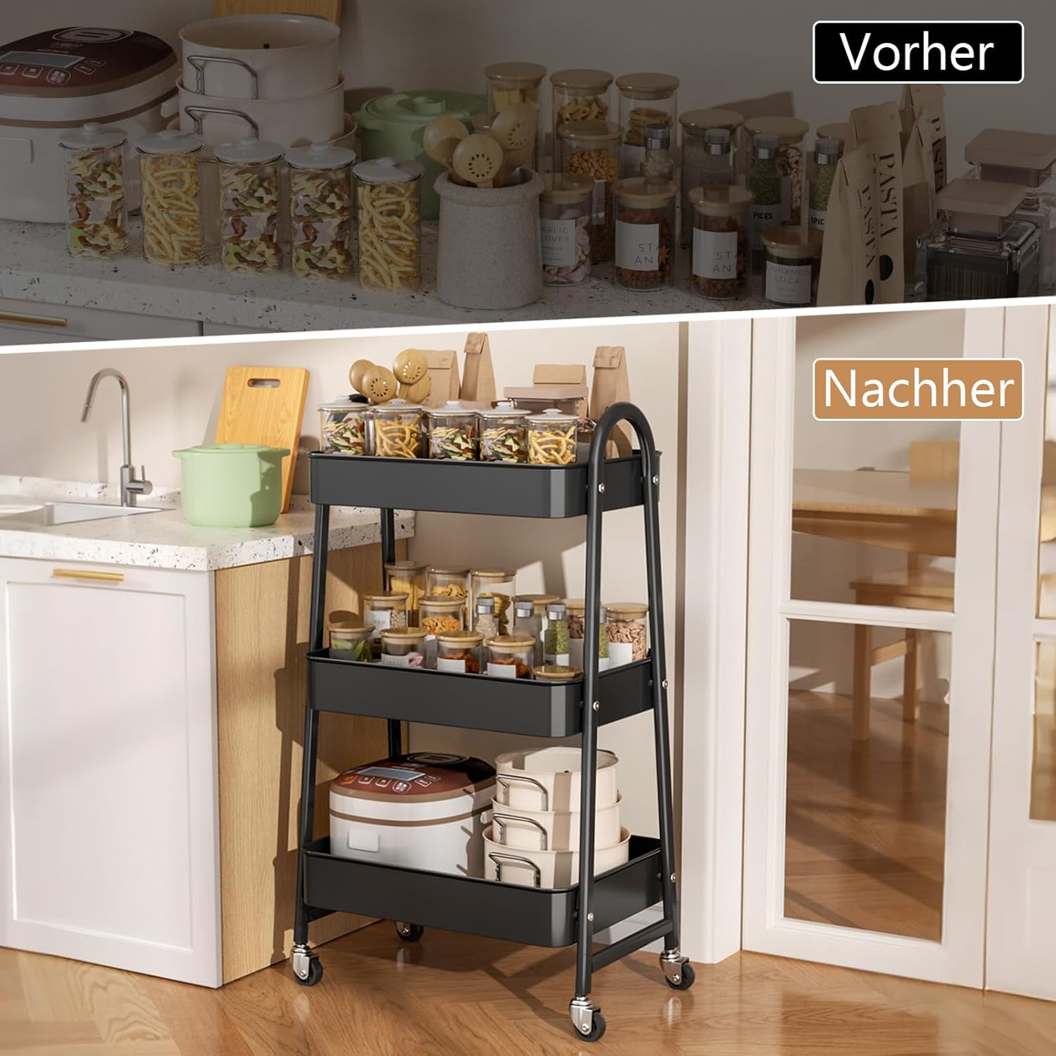 Chariot de cuisine 3 niveaux - noir - roulettes verrouillables, rangement multi-usages