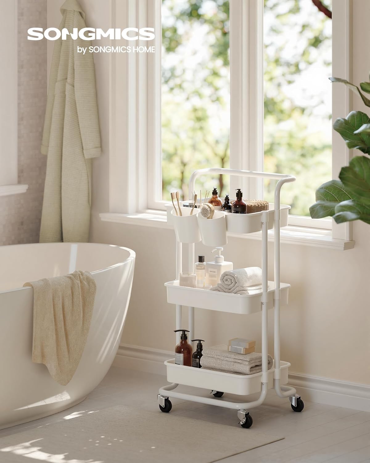 SONGMICS - chariot de rangement 3 niveaux, roulettes, freins, poignée, 2 pots, plastique, blanc - BSC067W01
