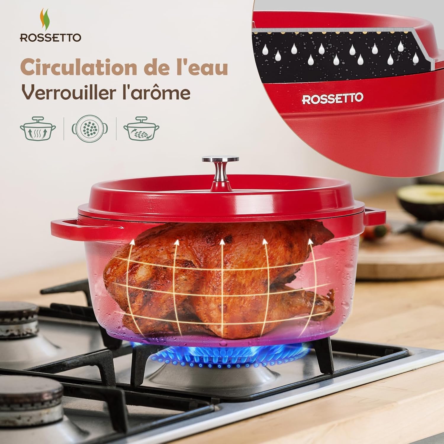 Rossetto - cocotte ronde 28cm - fonte d’aluminium, céramique, 6,6L, induction, four 220°C