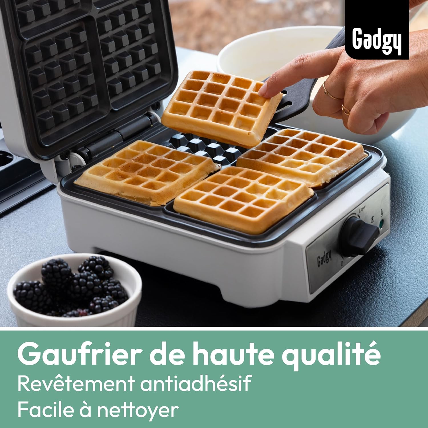 Gadgy - Gaufrier Professionnel - 4 gaufres, 1200W, thermostat réglable, compact et facile à nettoyer