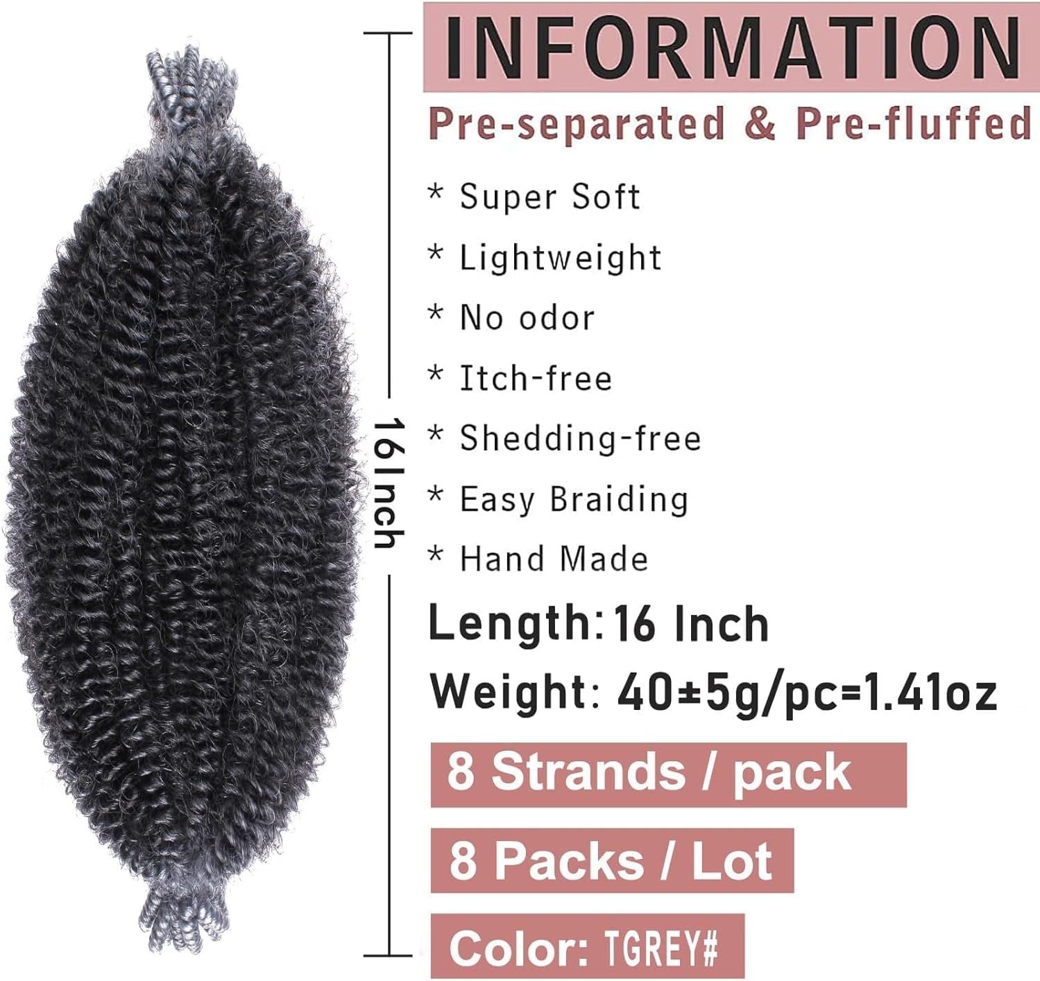 Xtrend - Marley series - 8 paquets, 8 mèches/paquet - cheveux afro crochet pré-gonflés, gris