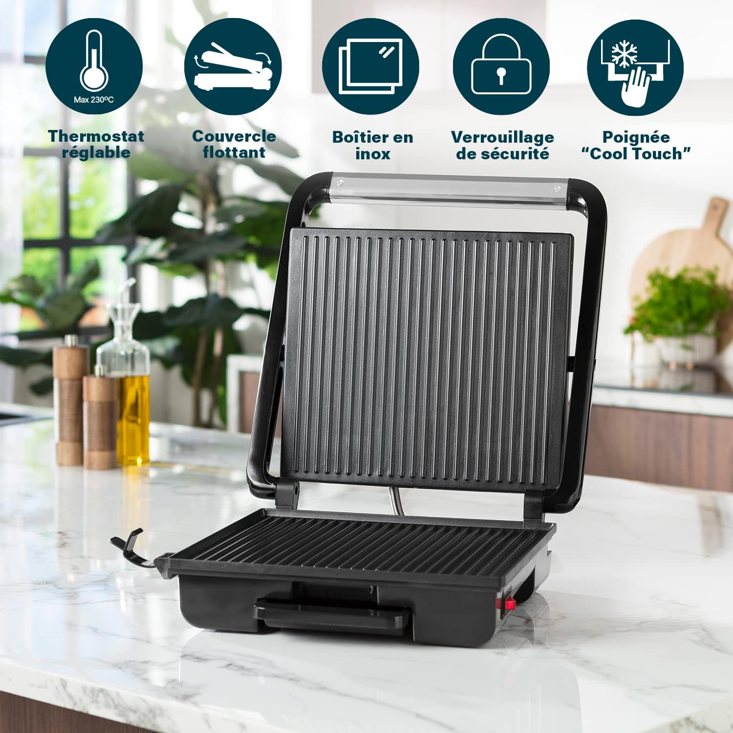 Princess – Appareil à paninis, brossé, 30x27cm, 2 portions, 2000W