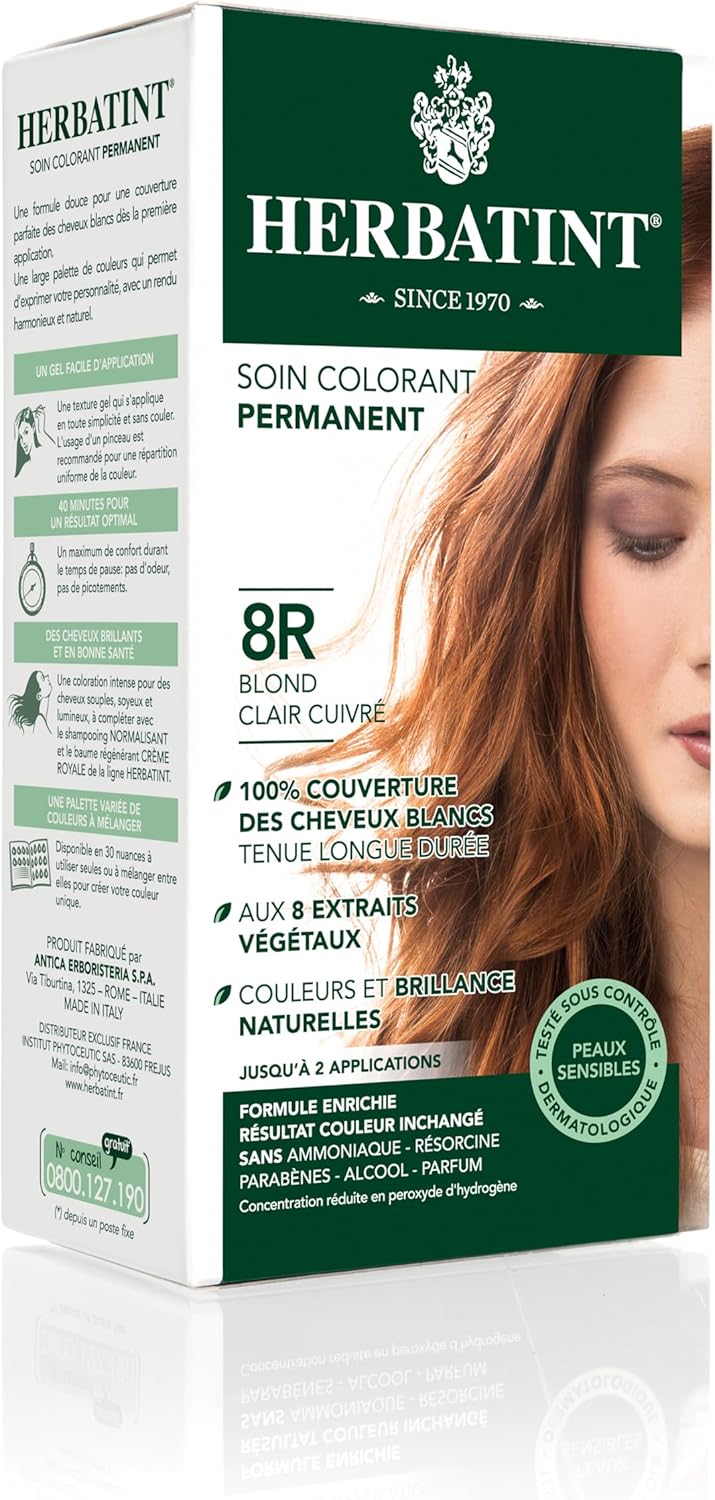 Herbatint - 8R Blond Clair Cuivré - 150ml - soin colorant sans ammoniaque, 100% couvrant, testé sur peaux sensibles