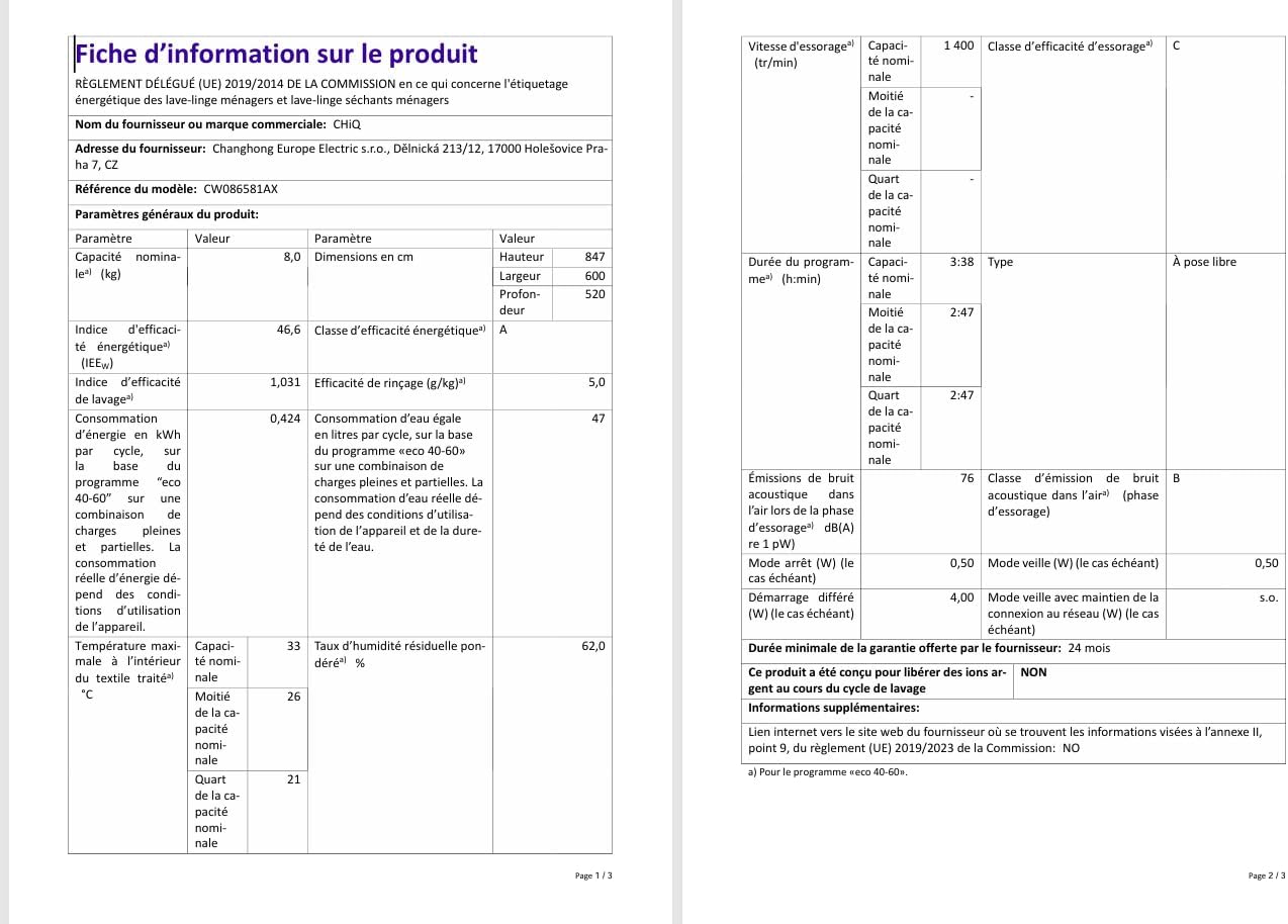 CHiQ - lave-linge 8 kg - écran LED tactile, vapeur, 1400 tr/min - CW086581AX