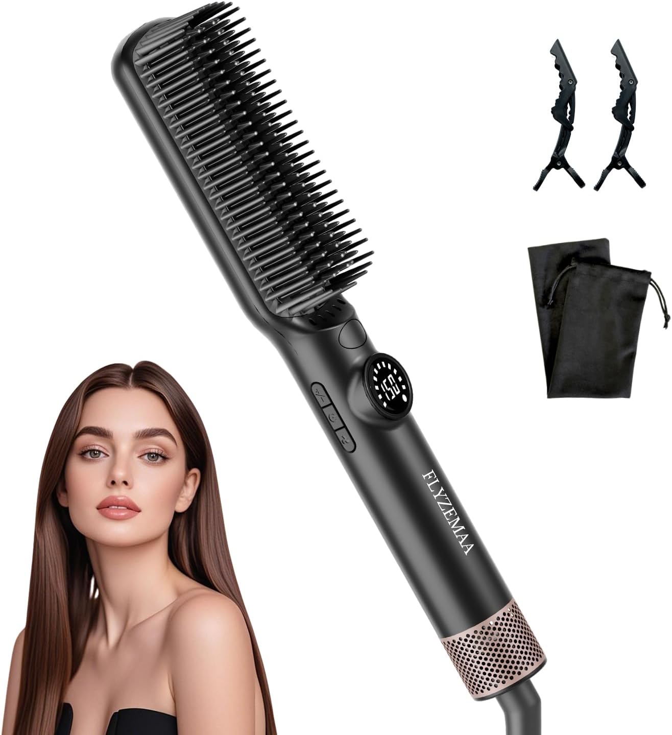 Brosse lissante cheveux - 7 températures, écran LCD, plaques anti-brûlure, double tension, prise UE, noir