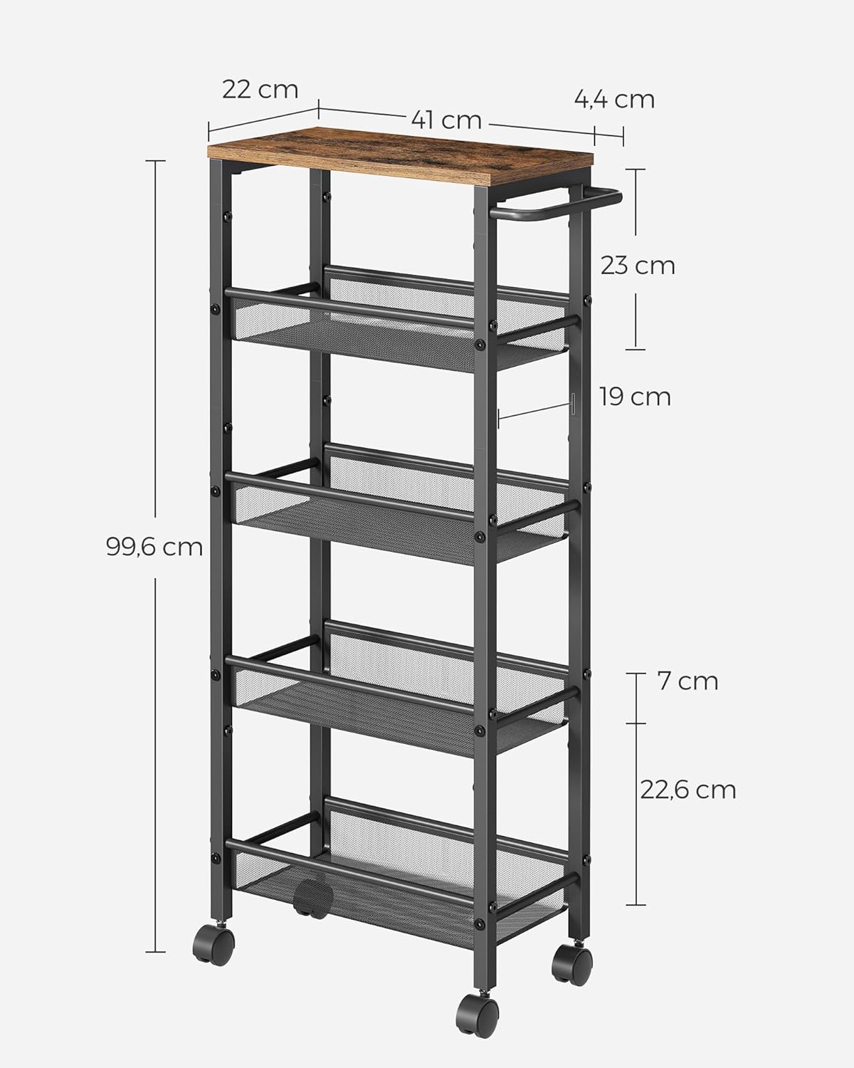 VASAGLE - desserte cuisine 5 niveaux - 22x45,4x99,6 cm - roulettes, acier, poignée, LRC035B01