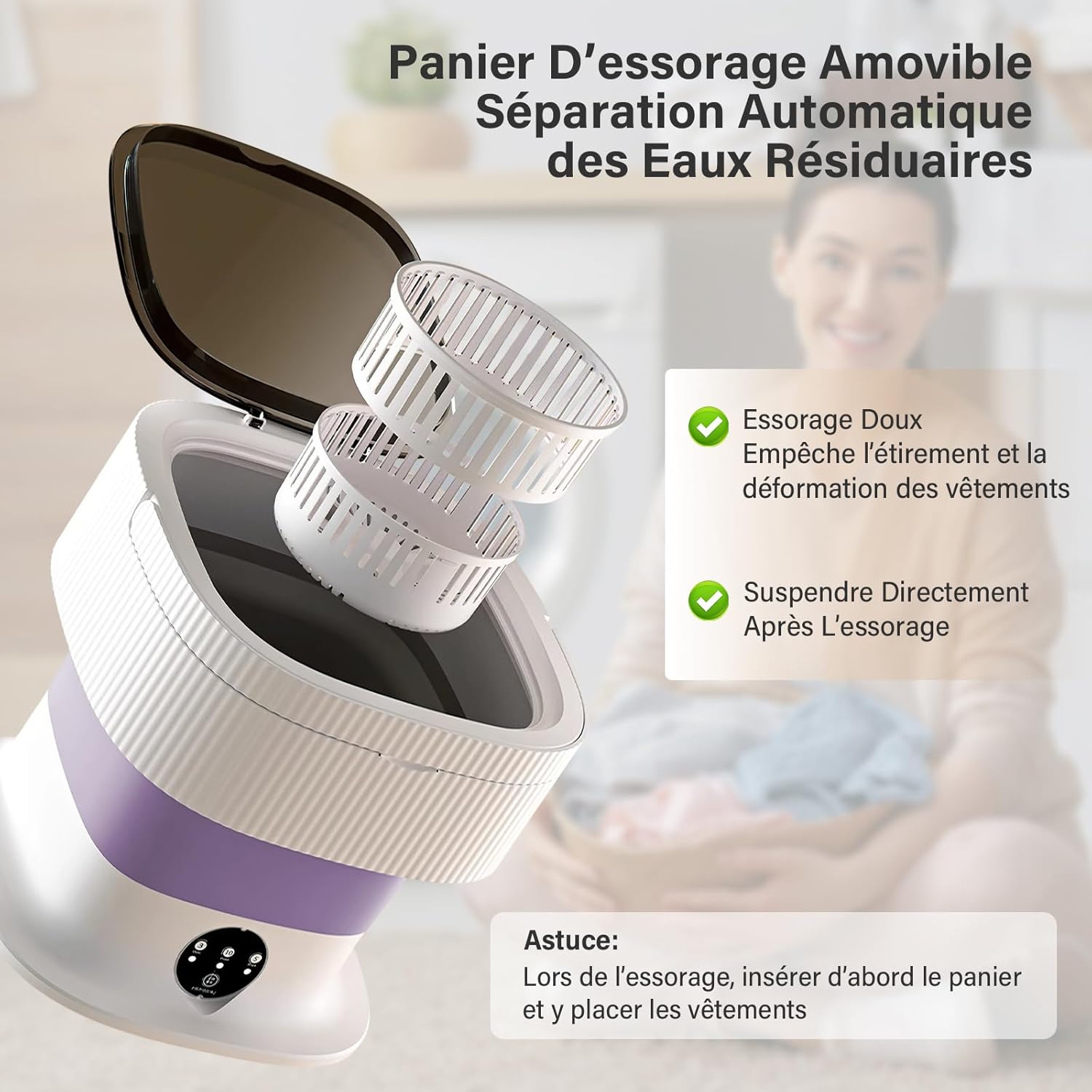 Mini lave-linge portable 10L, pliable, 3 modes, essorage amovible