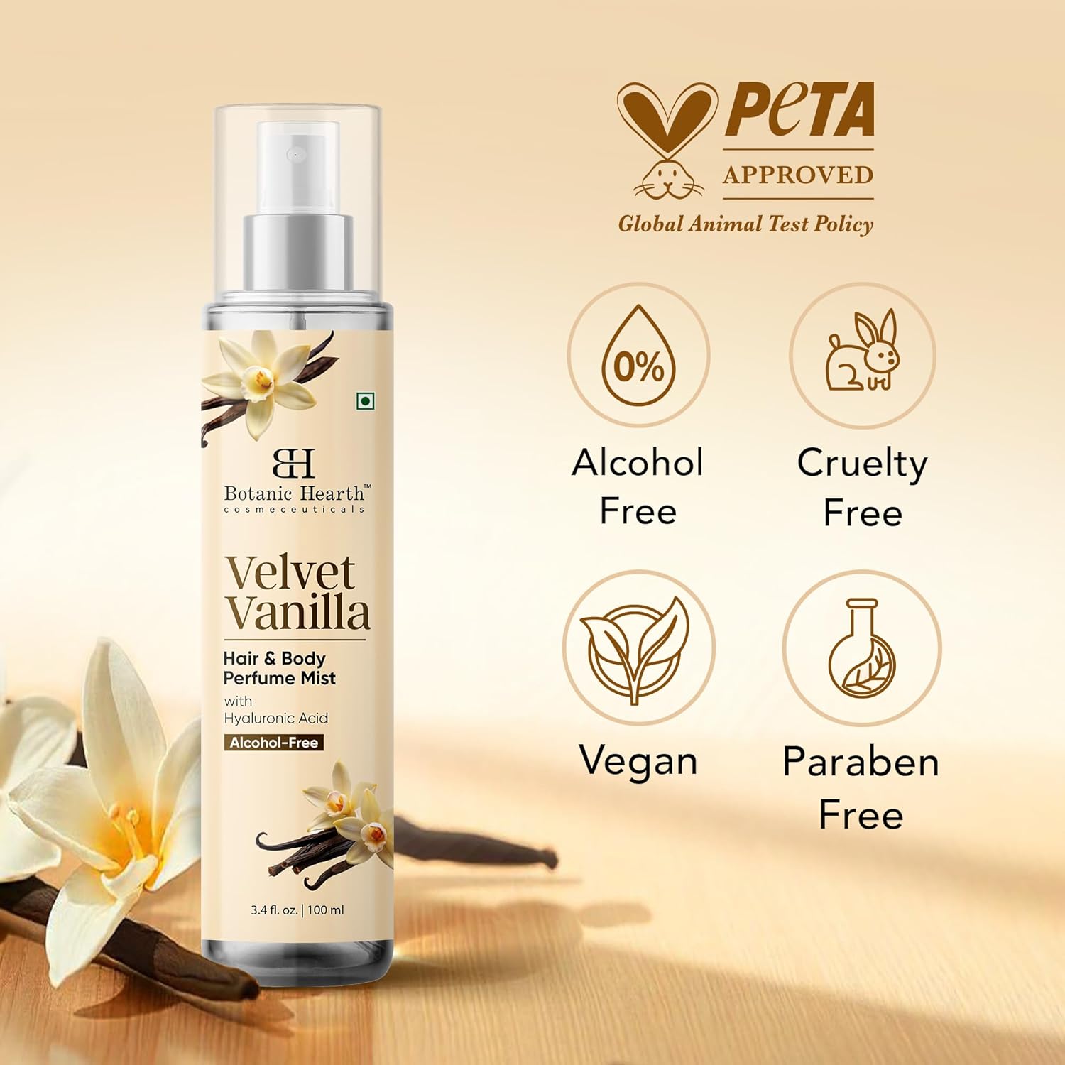 Botanic Hearth - Brume parfumée vanille - 100 ml - Déodorant cheveux & corps, fraîcheur longue durée