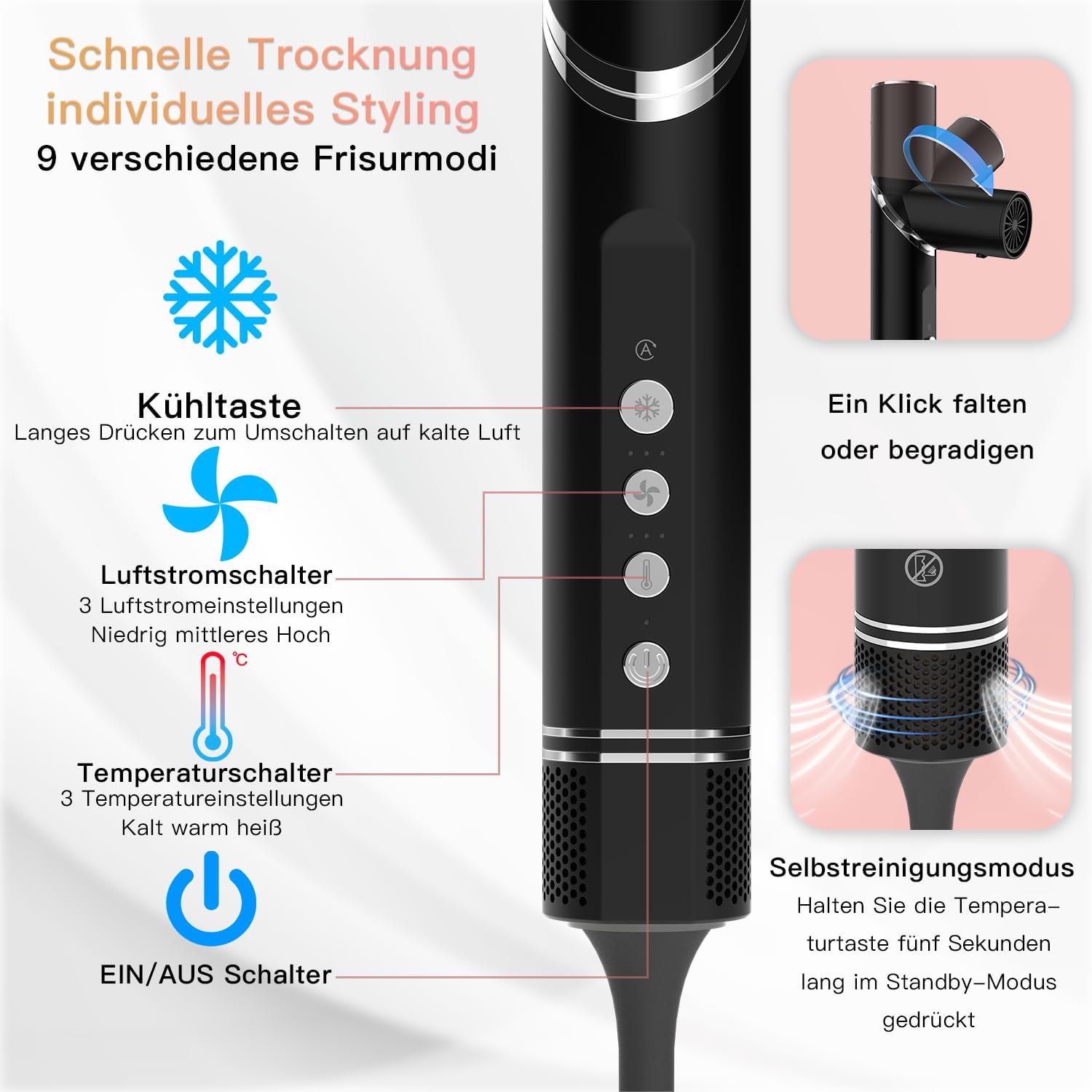 Kit de coiffage 9 en 1 - 1400W - brosses multifonctions - volumiseur