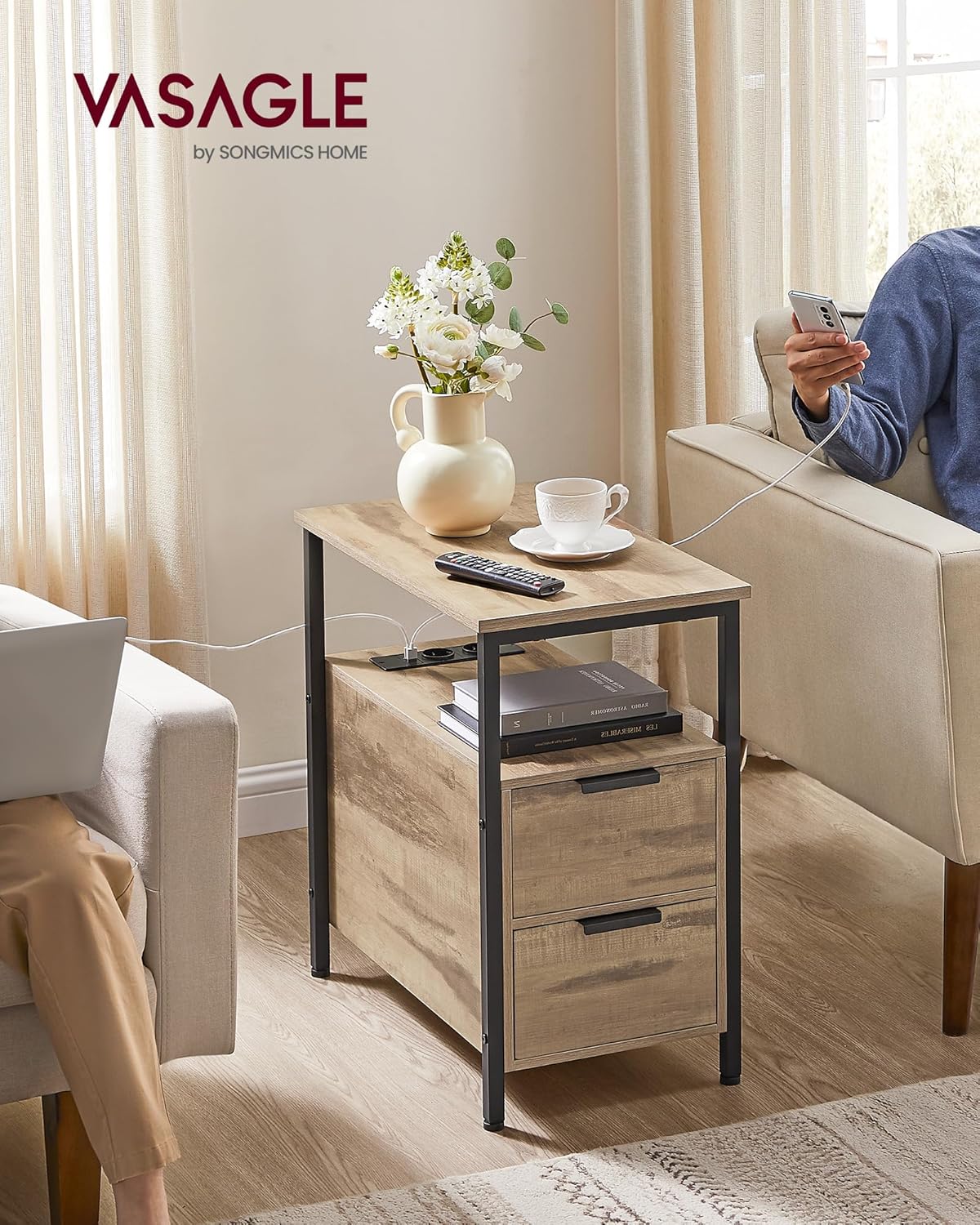 VASAGLE - table d’appoint 2 tiroirs 2 ports USB, fine, marron/noir - LET325K01