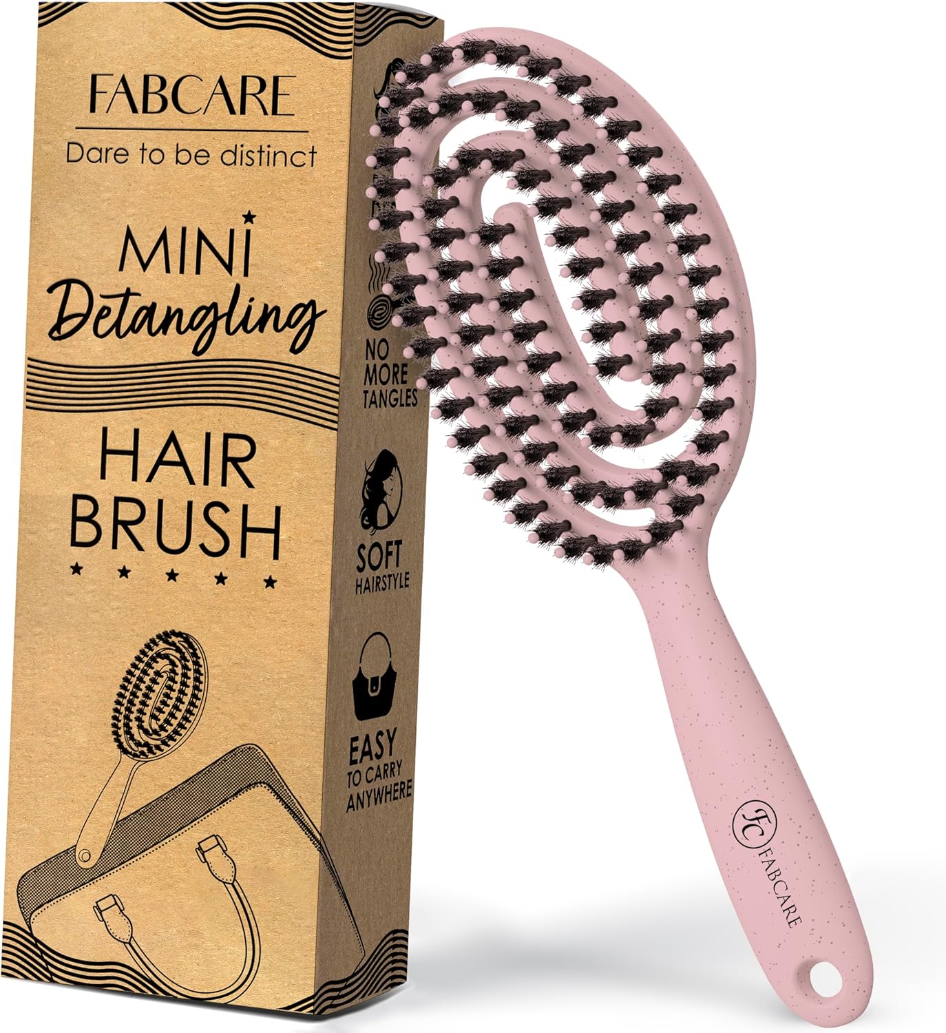FABCARE - Mini brosse cheveux, poils sanglier, double ressort, compacte, rose