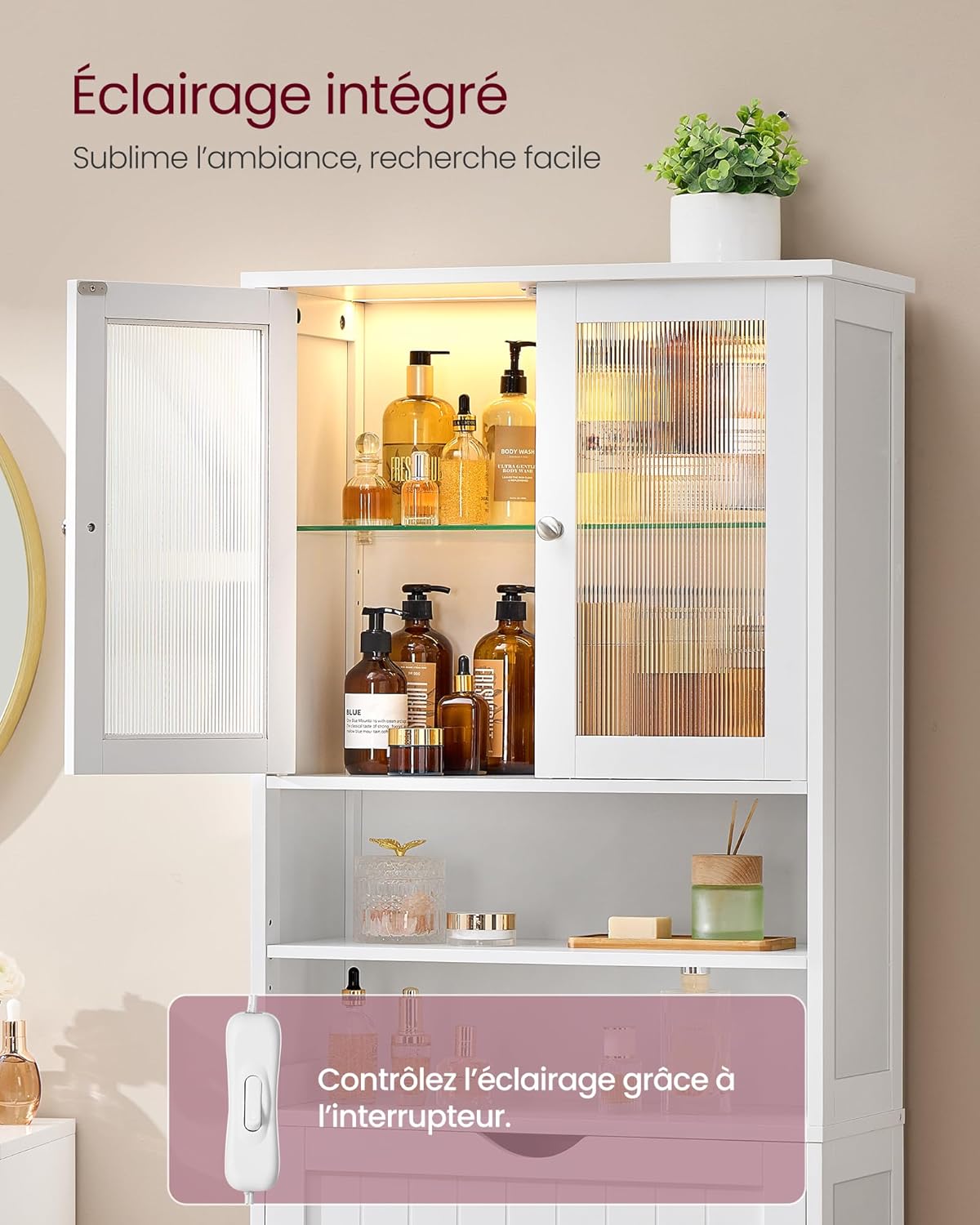 VASAGLE - armoire salle de bain, éclairage, étagères réglables, blanc, BBC767W03