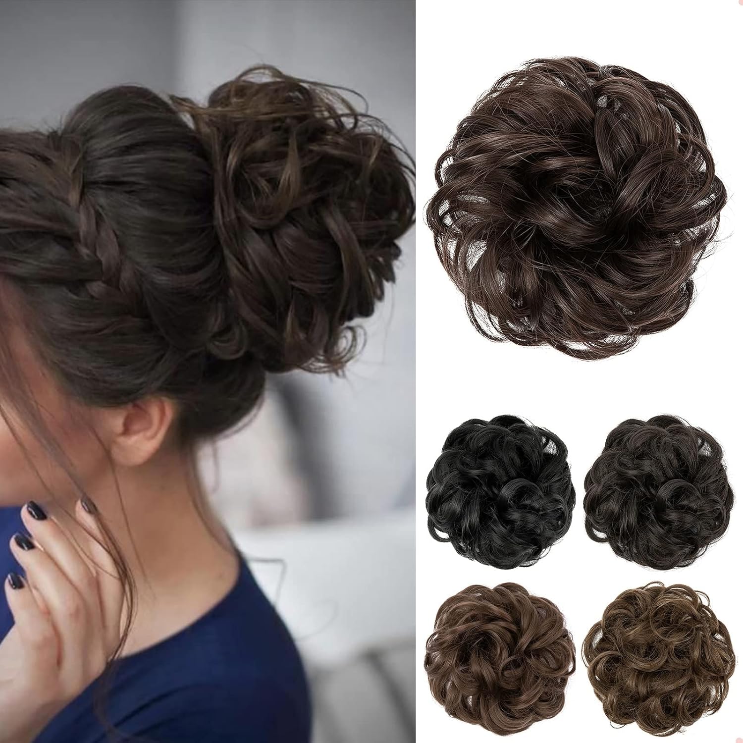 JJstar - Chignon postiche bouclé, élastique, marron foncé, cheveux synthétiques