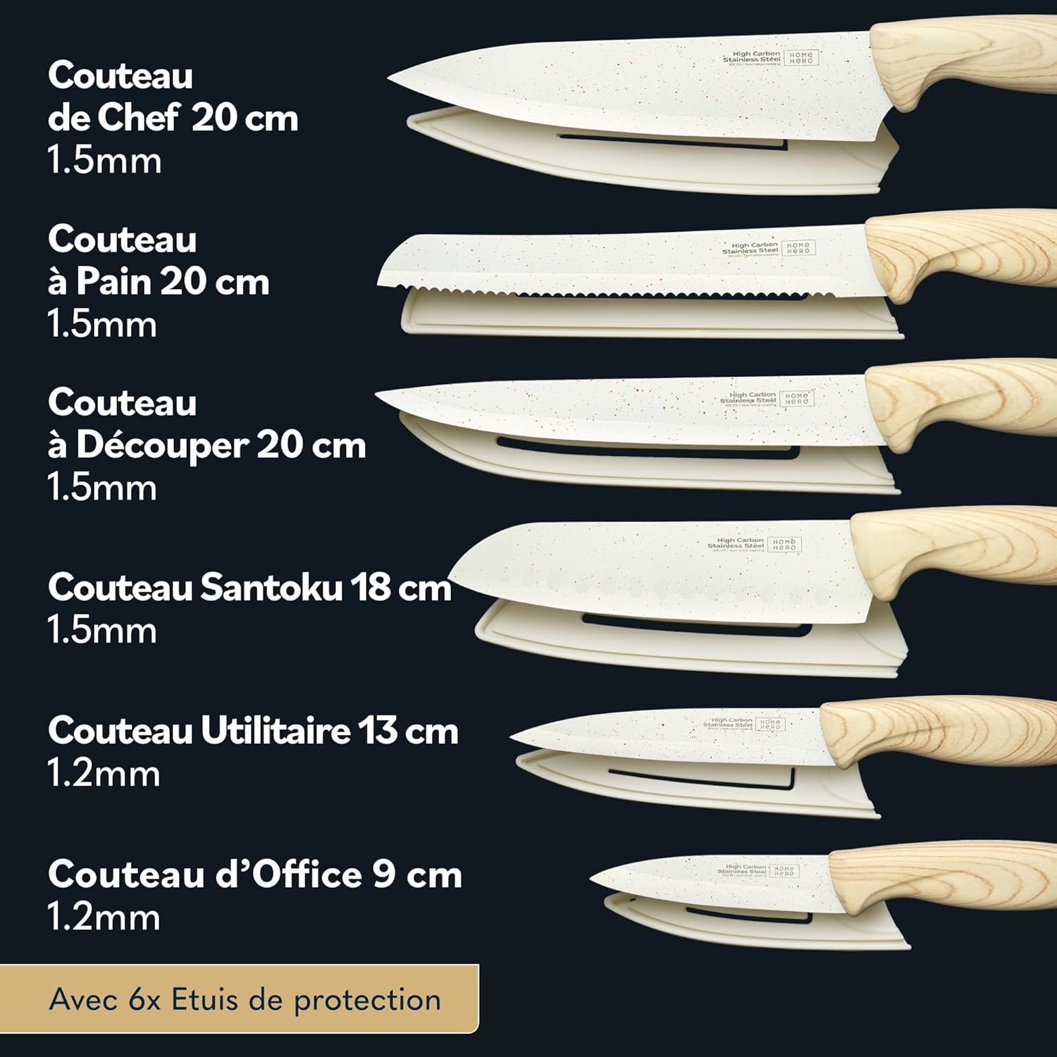 Home Hero - Bloc de couteaux 12 pièces crème - inox carbone, poignées ergonomiques