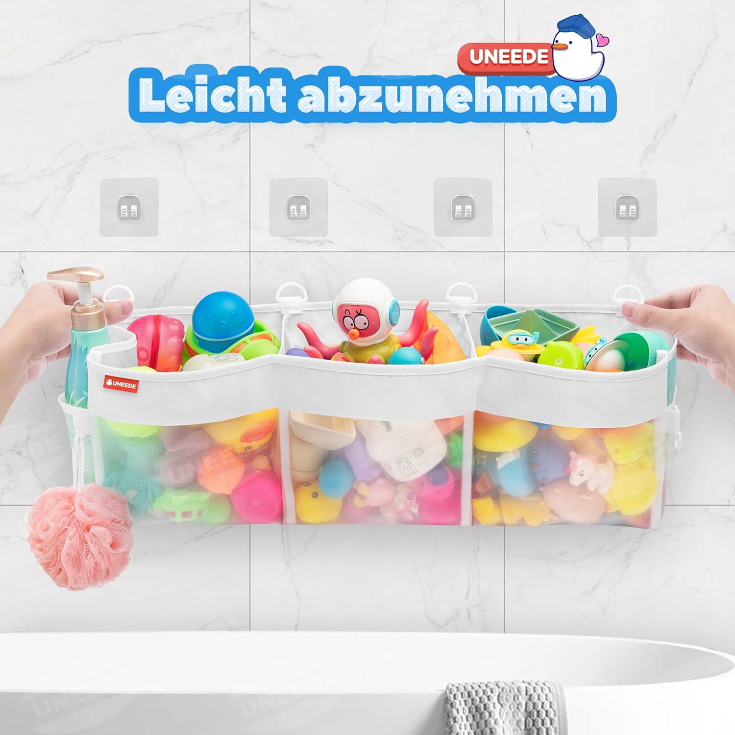 Rangement pour jouets de bain, 3 compartiments, maille, sac baignoire