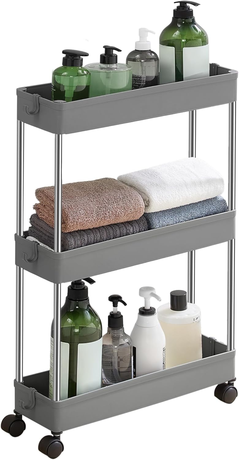 SONGMICS - chariot de cuisine 3 niveaux, acier, 14,4x42x60,6cm, 6 crochets, KSC007G01