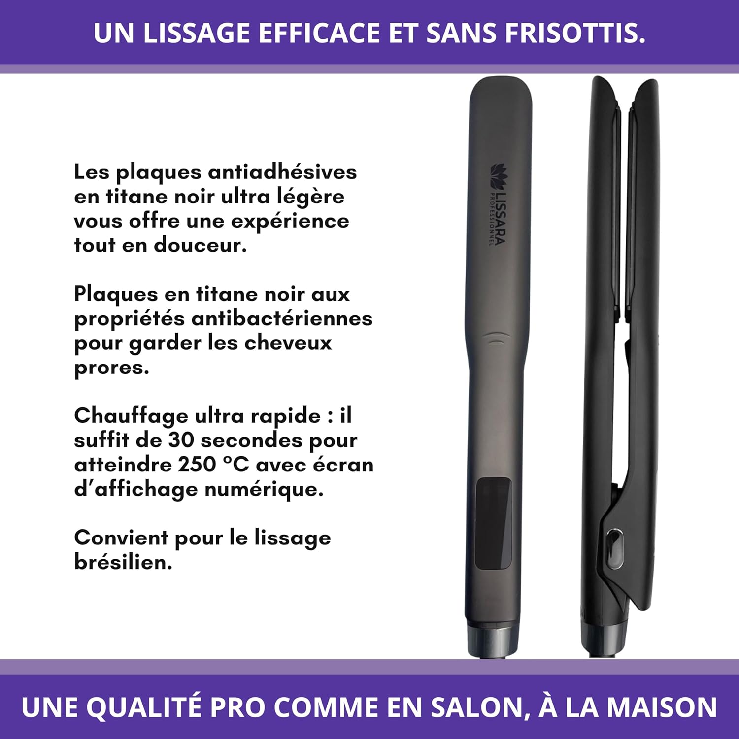 LISSARA - Classic Evolv Noir - plaques Black Titanium flottantes - 250°C, lissage brésilien