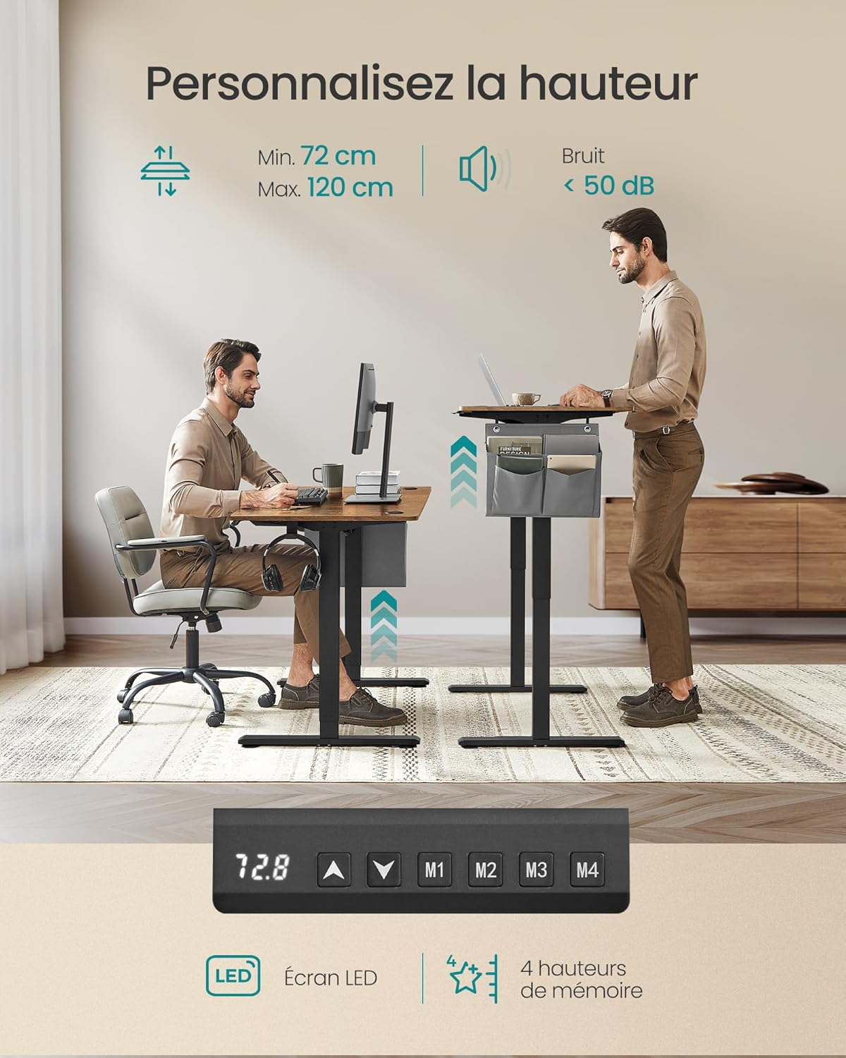 SONGMICS - bureau électrique réglable - 140x60 cm - mémoire 4 hauteurs, assis-debout, marron/noir - LSD134K01