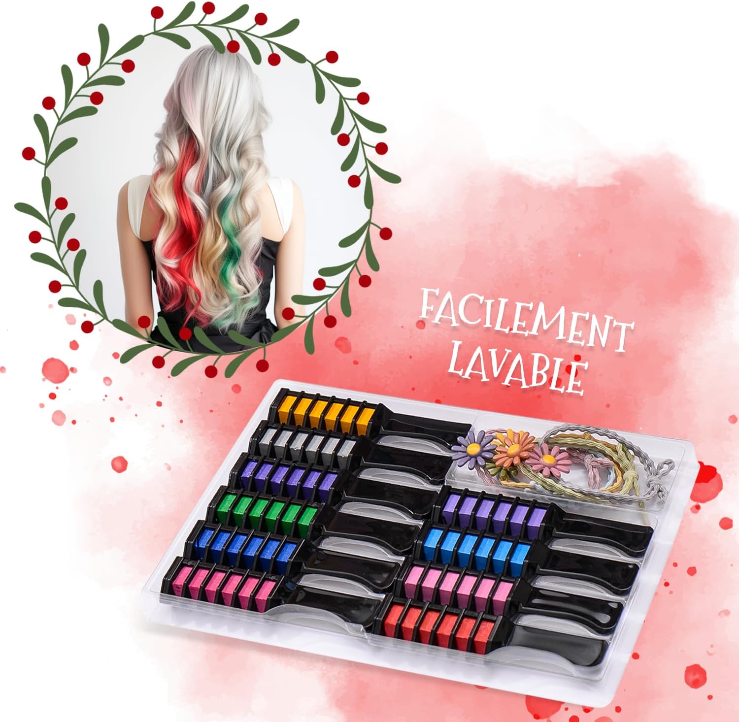 Magicat - Peigne à craie cheveux 10 couleurs, lavable, 5 élastiques