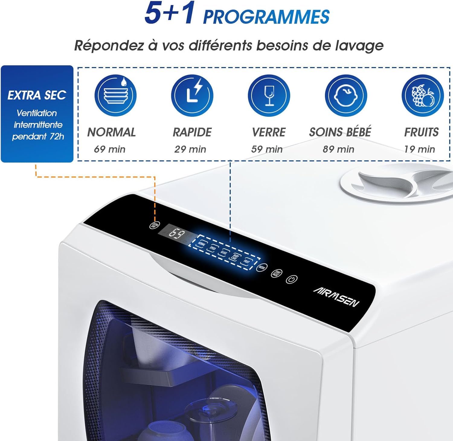 AIRMSEN - Mini lave-vaisselle de comptoir, 5L, écran LED, 5+1 programmes