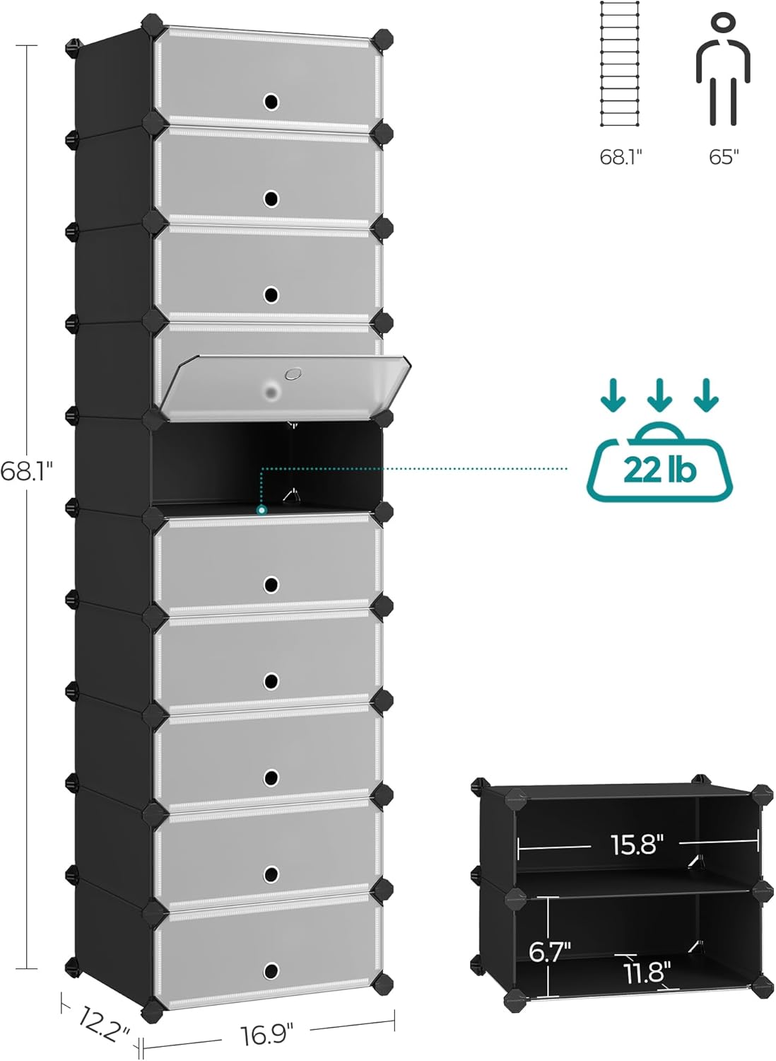 SONGMICS - meuble à chaussures modulable 10 compartiments, env. 60x30x180 cm, capacité 20 paires, noir, LPC10HV1