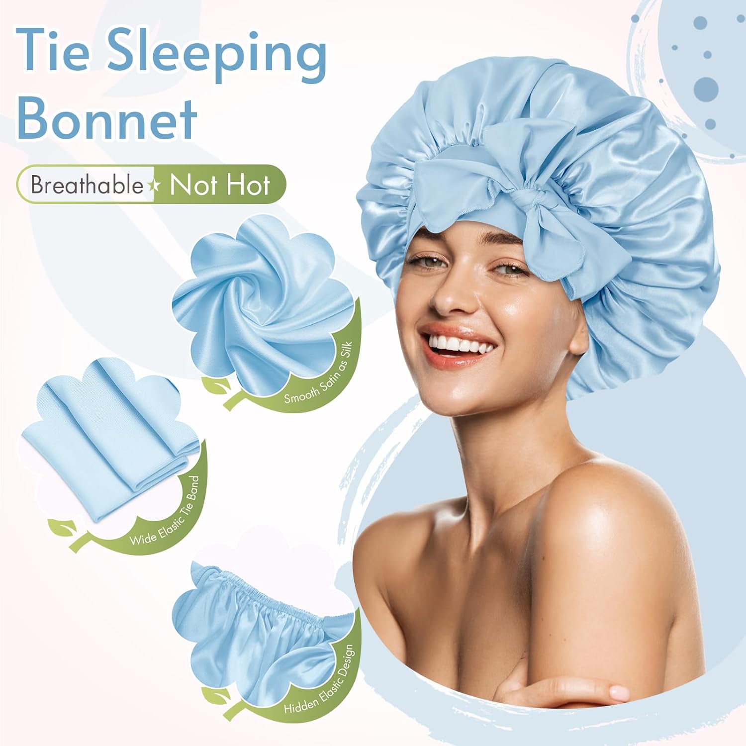 BONNET QUEEN - bonnet satin moyen - ajustable, cheveux bouclés, bleu clair