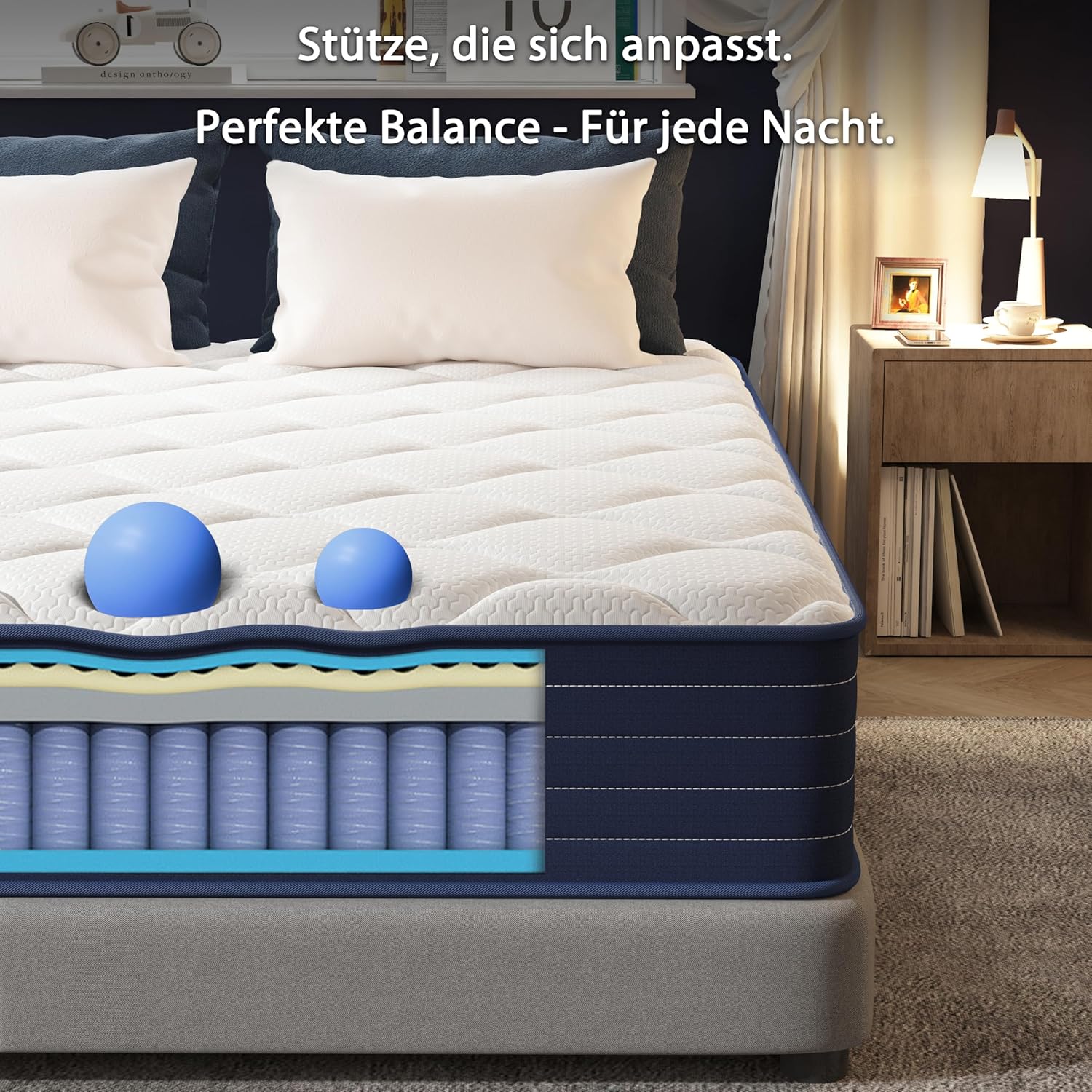 PurrJoys - Matelas ressorts/mémoire - 180x200x25 cm - confort moyen, respirant, CertiPUR-US/Oeko-TEX