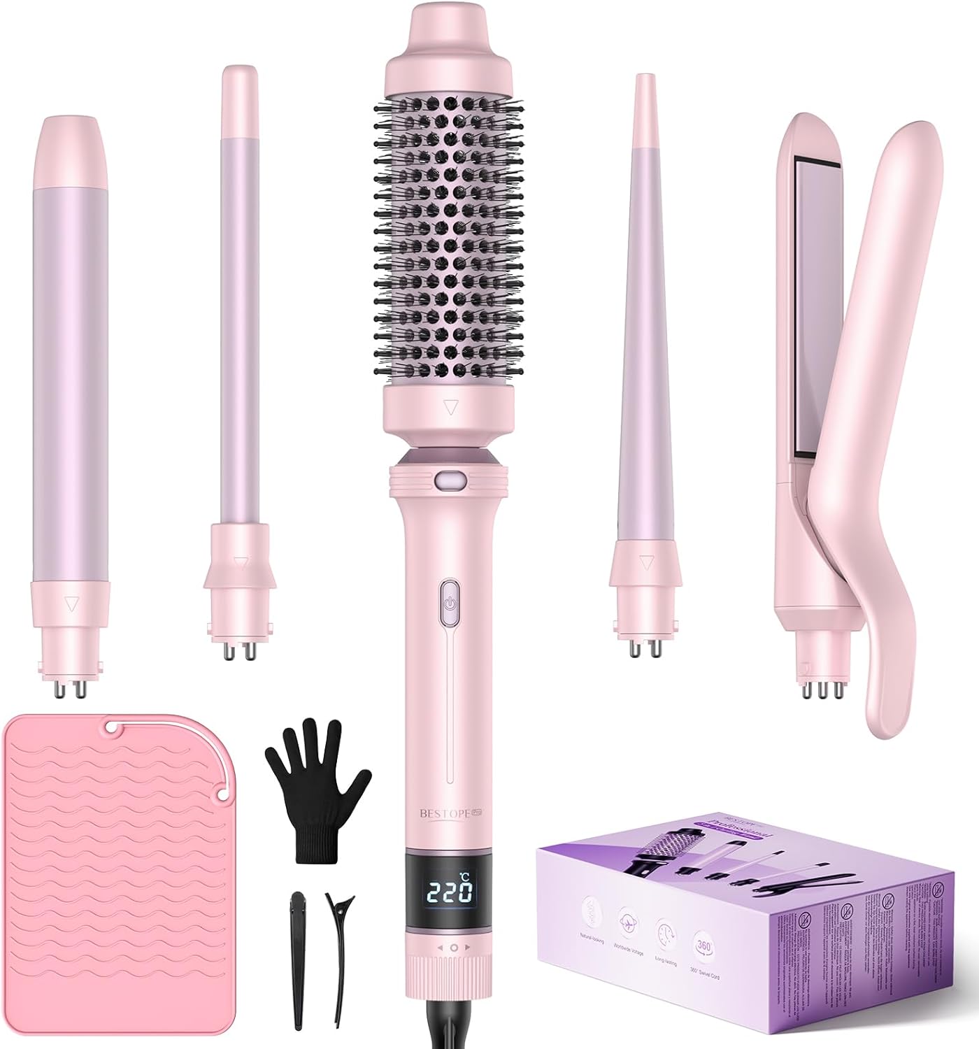 BESTOPE - PRO 5 en 1 - 9-25mm - Fer à boucler+lisseur, temp. réglable