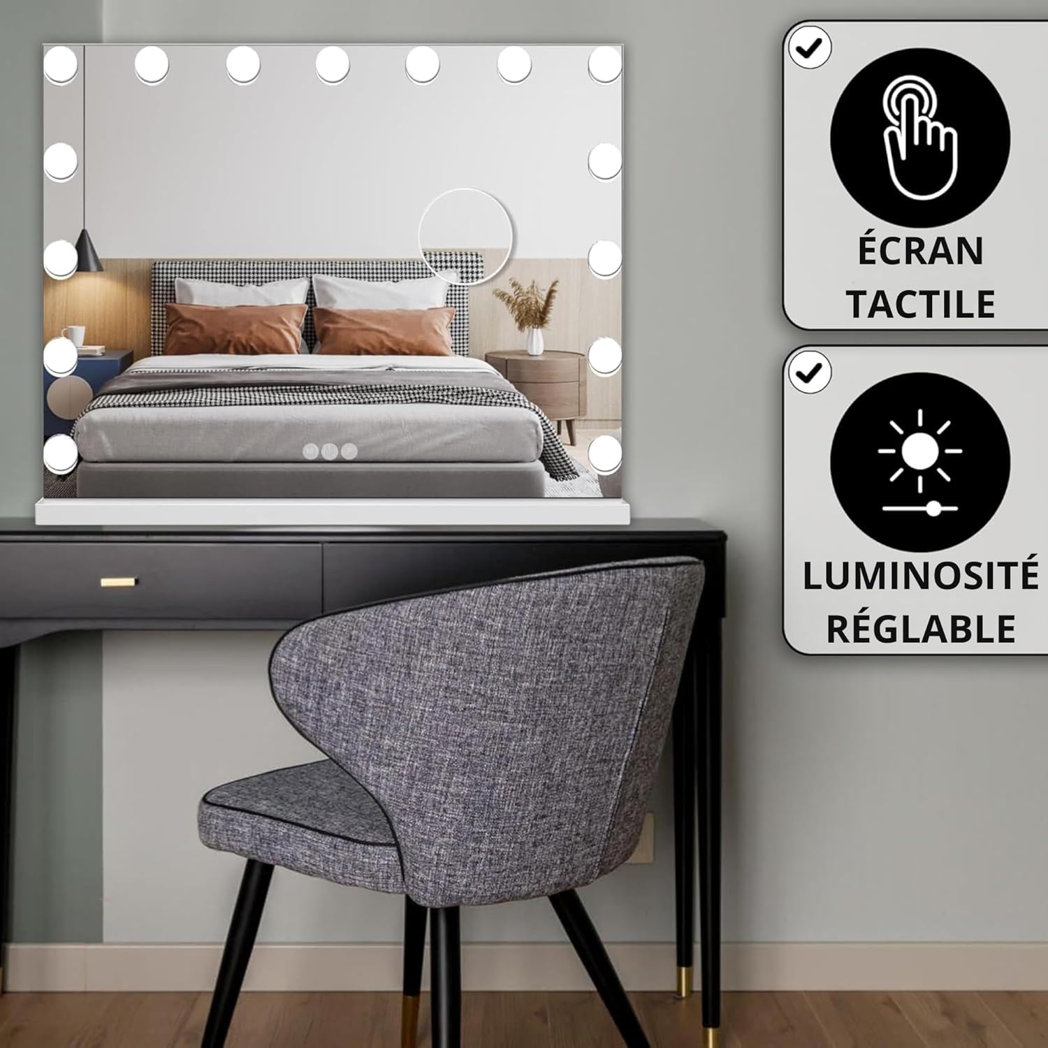 Bayt - miroir de maquillage Hollywood - 58x46cm - LED dimmable, grossissement 10x, blanc