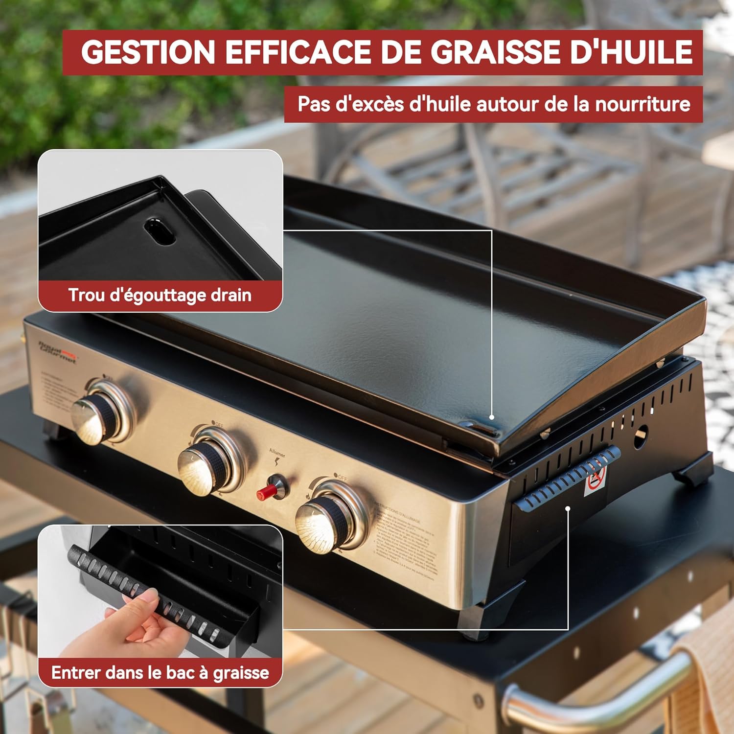 Royal Gourmet - Plancha gaz 3 brûleurs - 62x35,5 cm - 7,5kW, portable