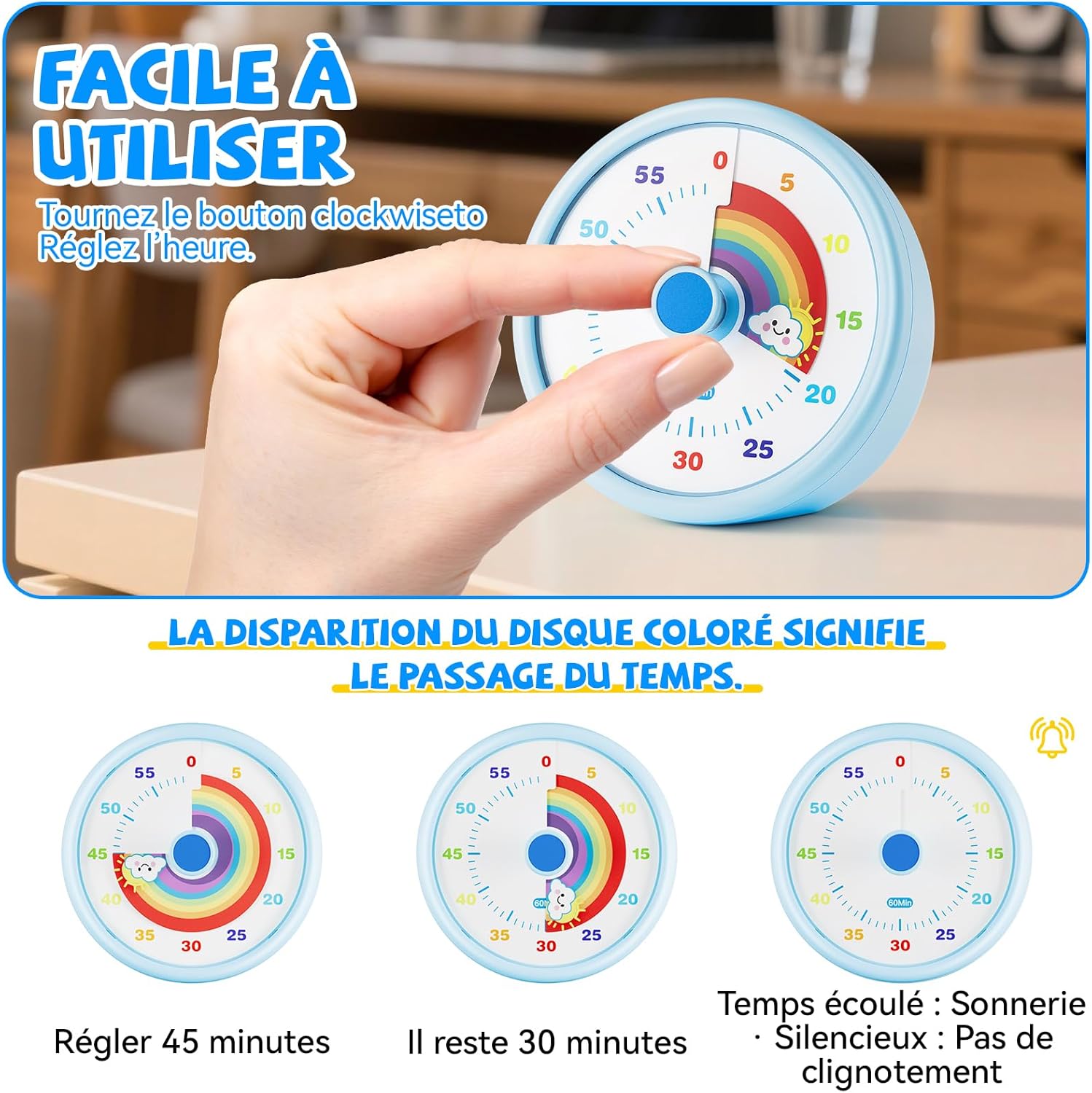 Minuteur visuel - modèle enfant - 60 min - compte à rebours, silencieux, motif arc-en-ciel