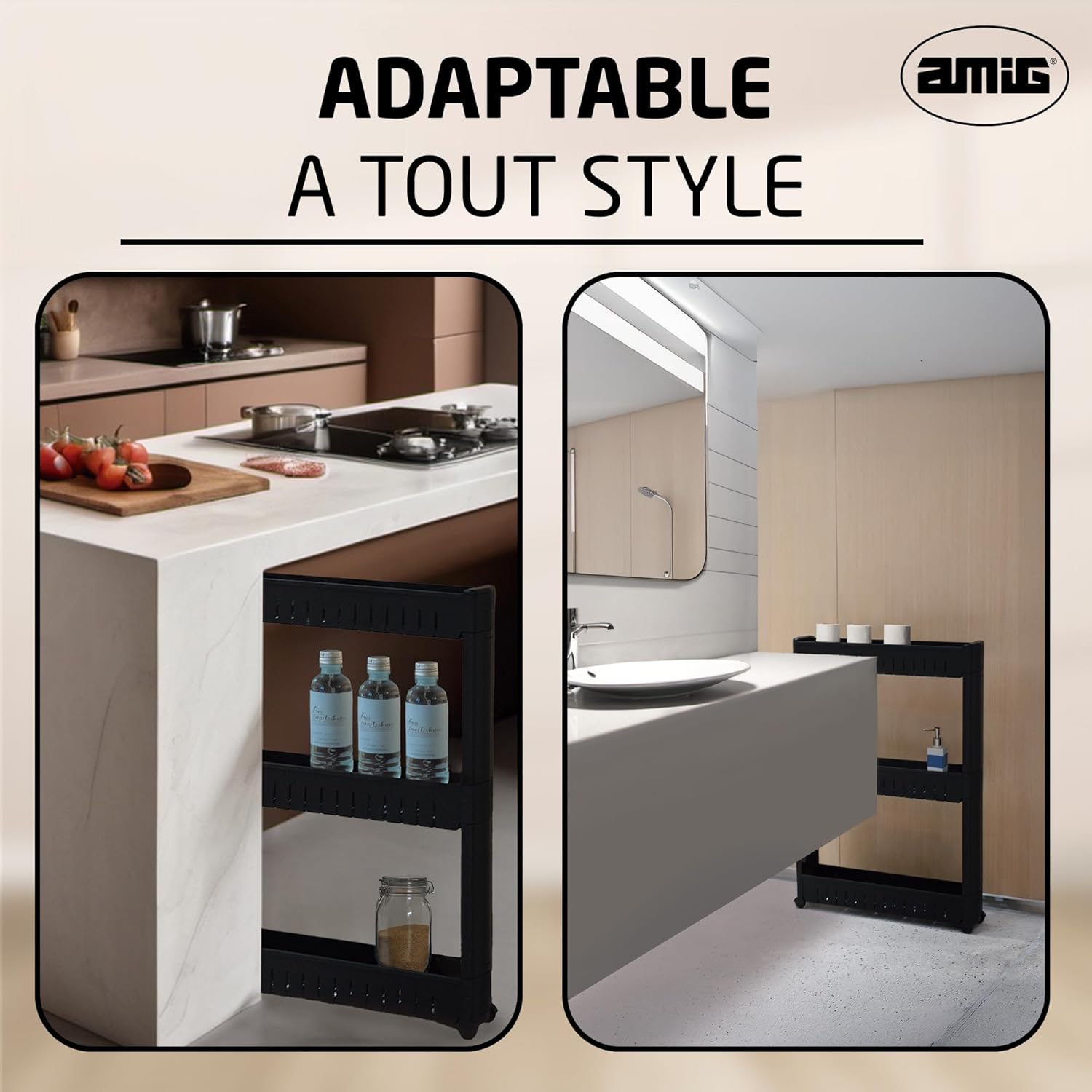 Amig - Böken - 54x12x78 cm - Chariot 3 niveaux, roulettes, noir