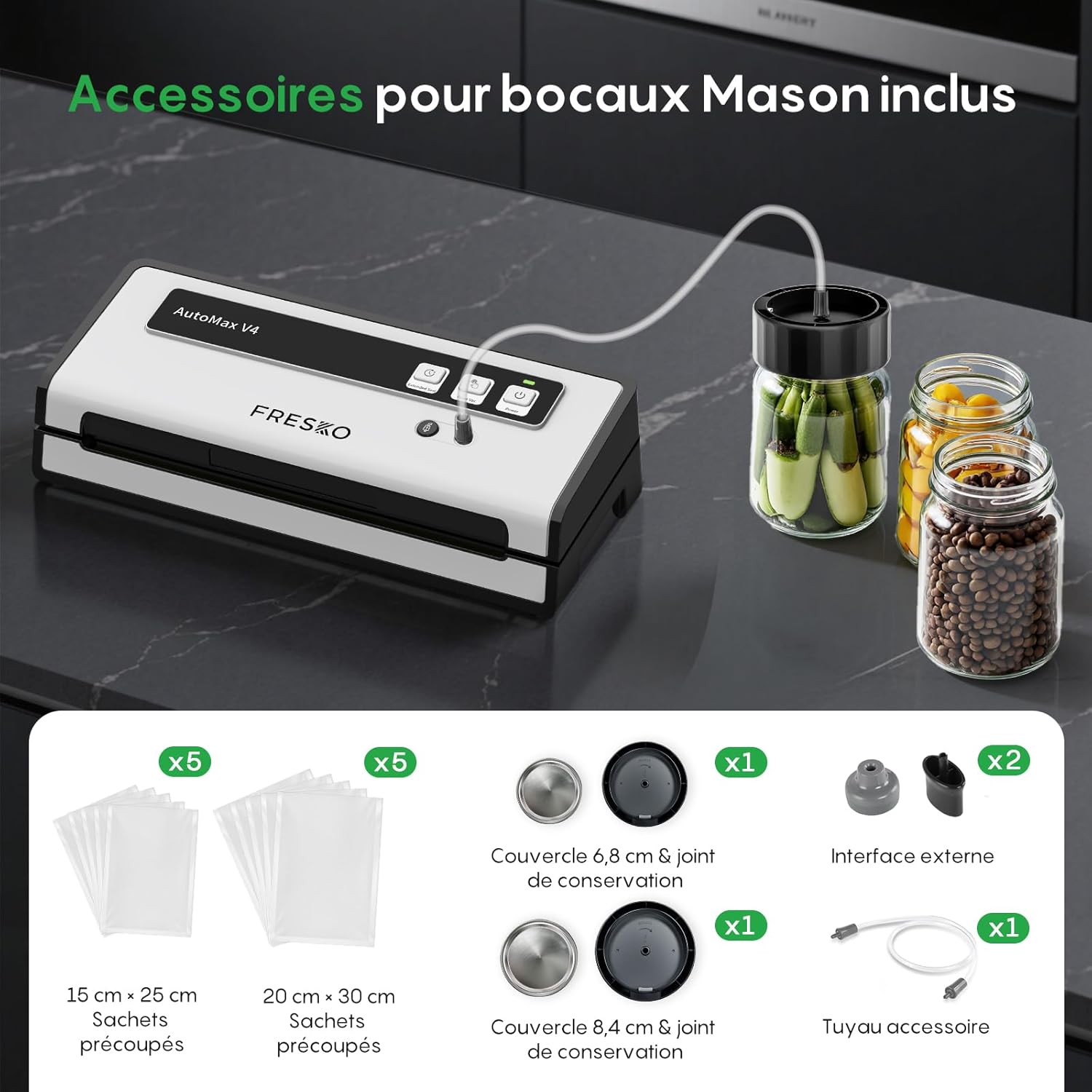 FRESKO - machine sous vide 140W, double scellage, sec/humide, 10 sacs, 4 kits bocaux
